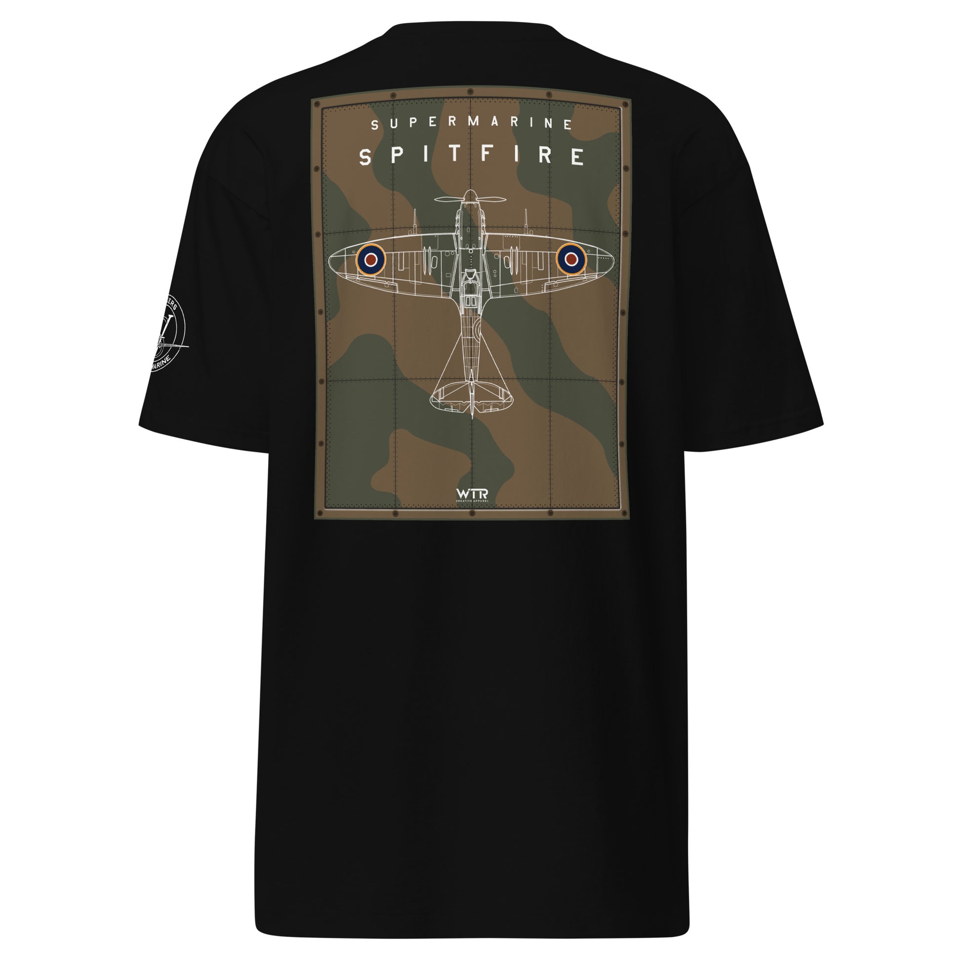 Hand-drawn technical camouflage study of the Supermarine Spitfire MK I WWII fighter on a premium t-shirt.