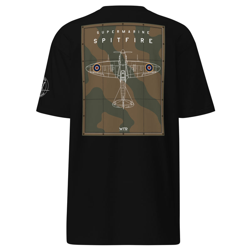 Hand-drawn technical camouflage study of the Supermarine Spitfire MK I WWII fighter on a premium t-shirt.