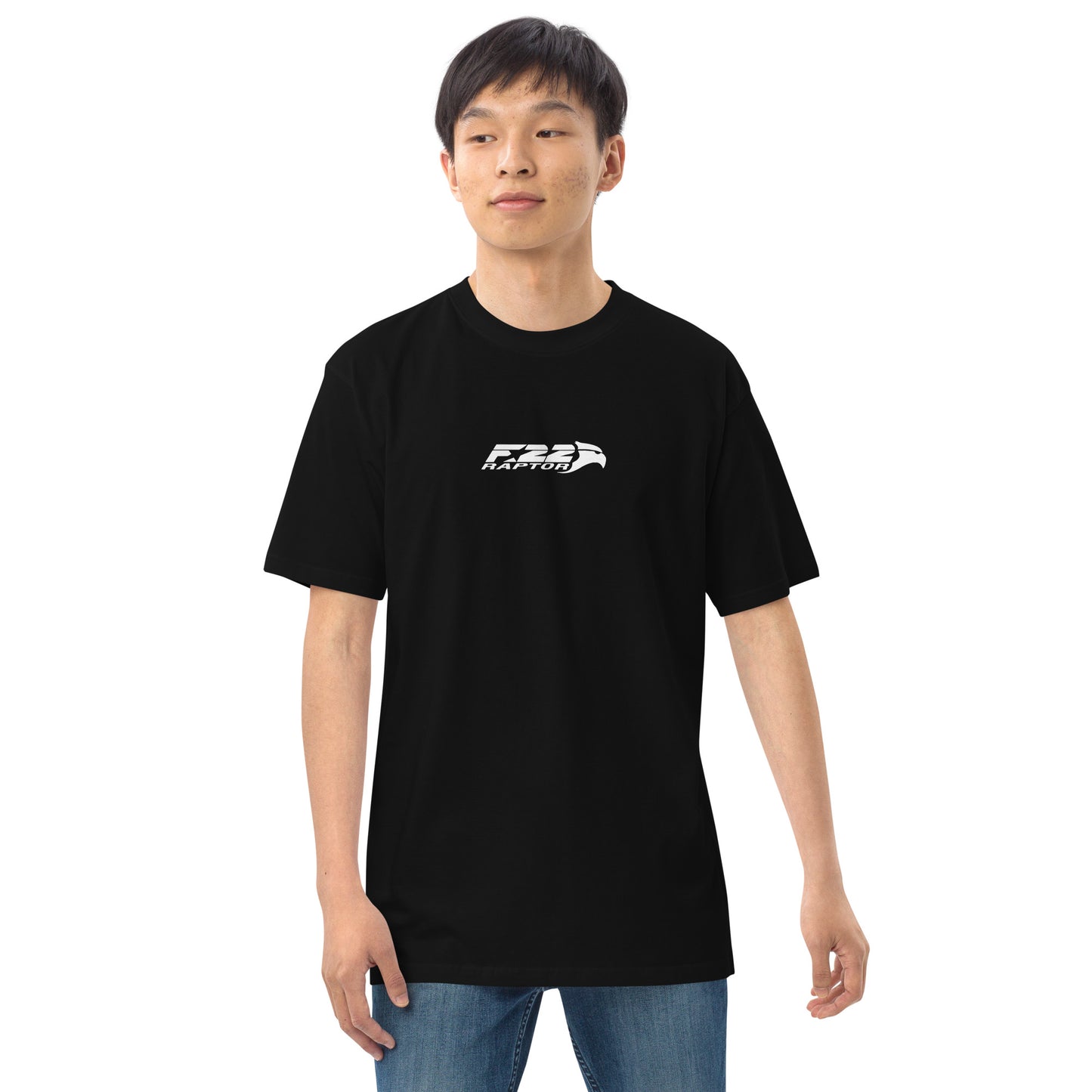 Hand-drawn technical study of the Lockheed Martin F-22 Raptor front canopy and nose section on a premium t-shirt.