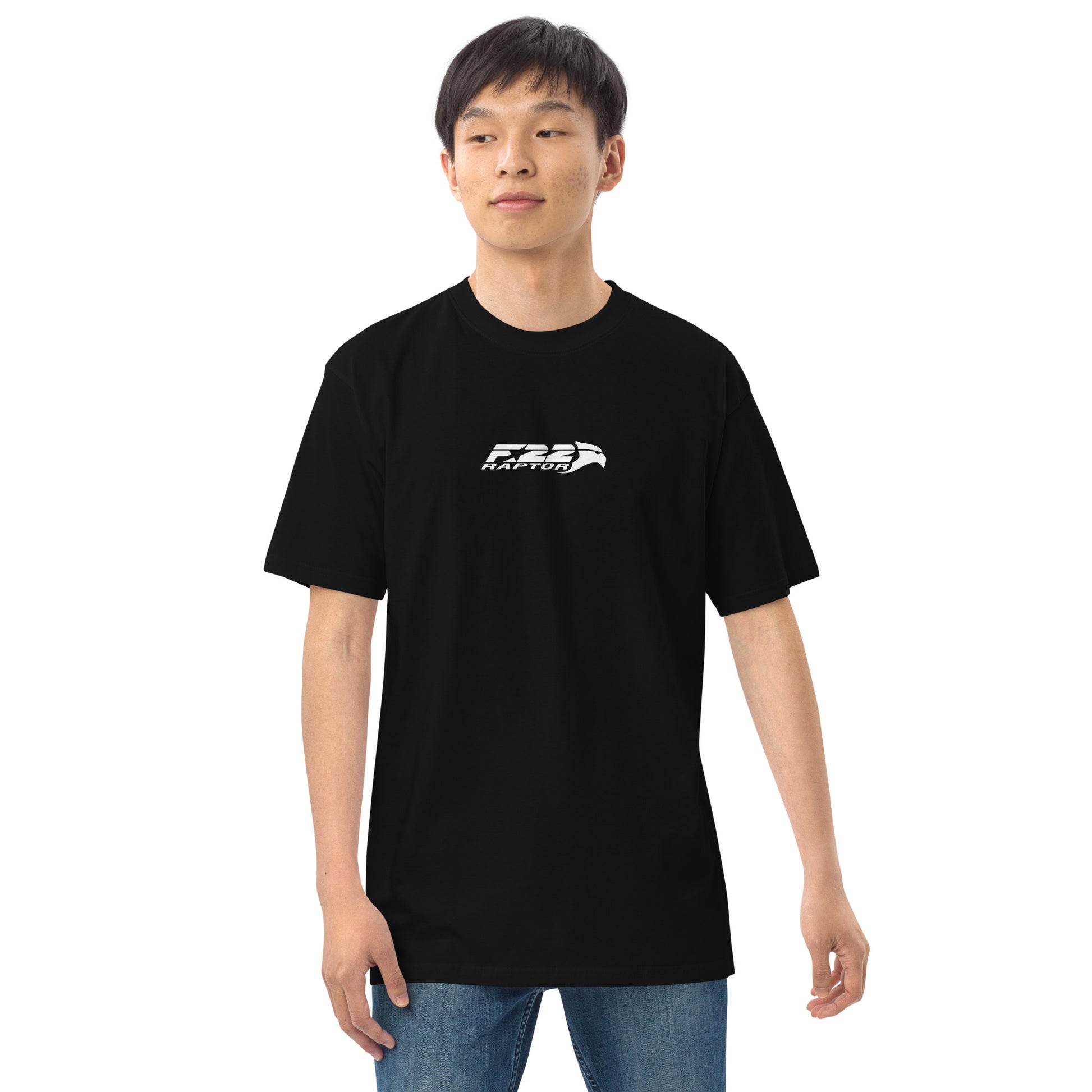 Hand-drawn technical study of the Lockheed Martin F-22 Raptor front canopy and nose section on a premium t-shirt.