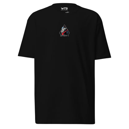 Hand-drawn crewed lunar mission schematic of the NASA Artemis II printed on a premium t-shirt.