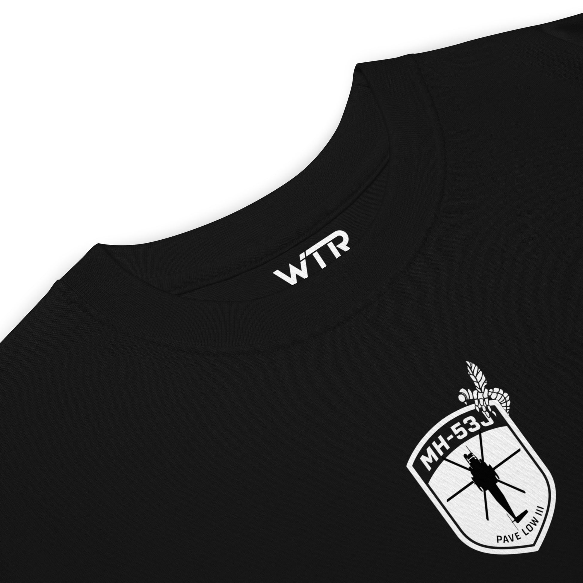 Hand-drawn schematic of the SIKORSKY MH-53J PAVE LOW printed on a heavyweight T-shirt.