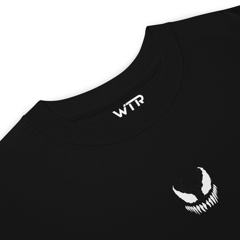 Hand-drawn schematic of the VENOM MONSTER SYMBIOTE-INSPIRED DESIGN printed on a heavyweight T-shirt.