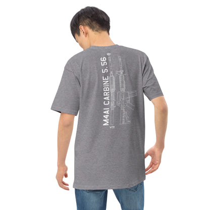 Hand-drawn technical schematic of the Colt M4A1 US Infantry battle rifle printed on a premium t-shirt.