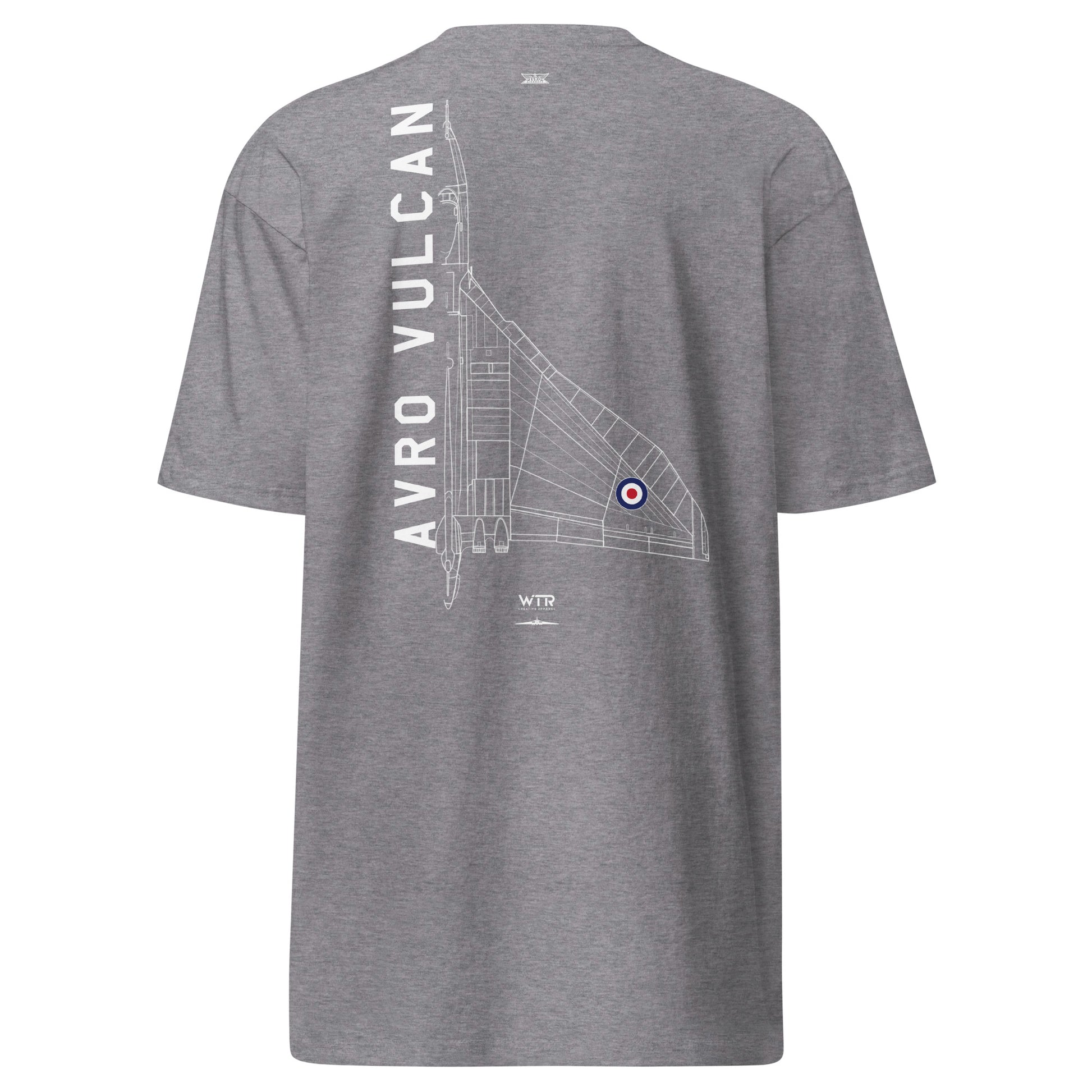 Hand-drawn technical schematic of the Avro Vulcan Cold War strategic bomber printed on a premium t-shirt.