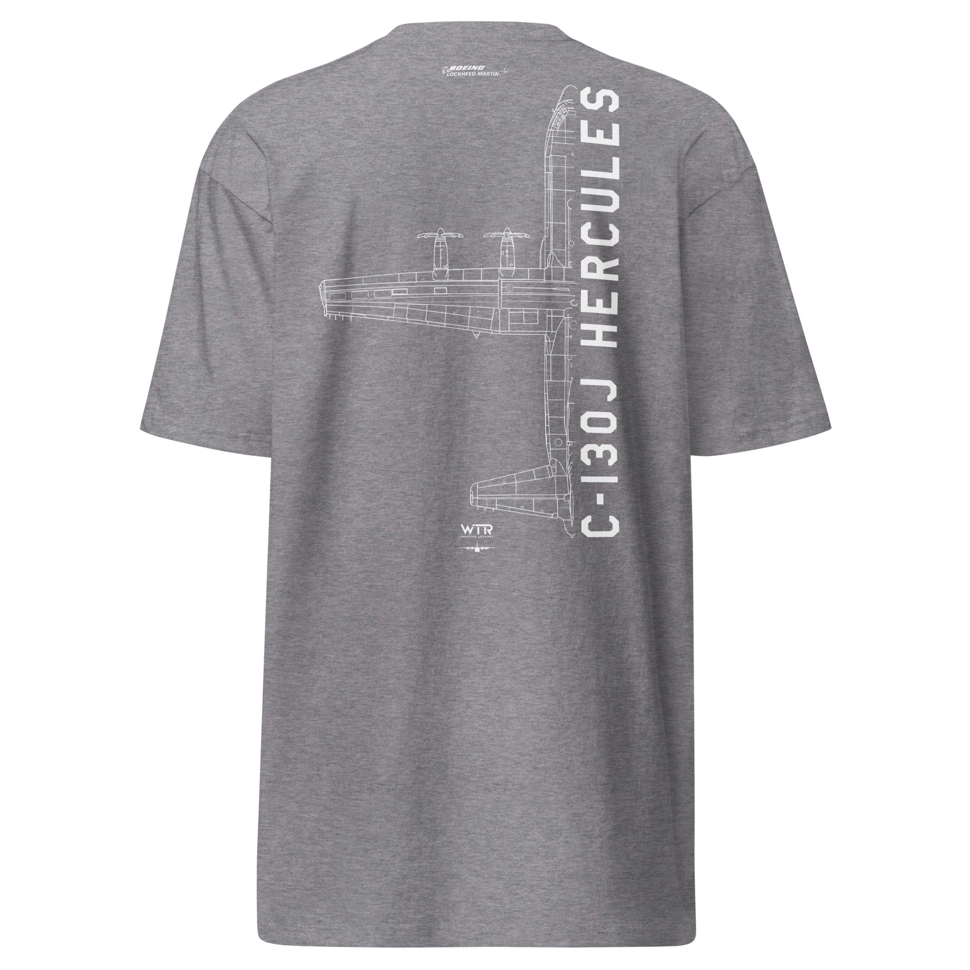 Hand-drawn technical schematic of the Lockheed Martin C-130J Hercules military transport aircraft on a premium t-shirt.