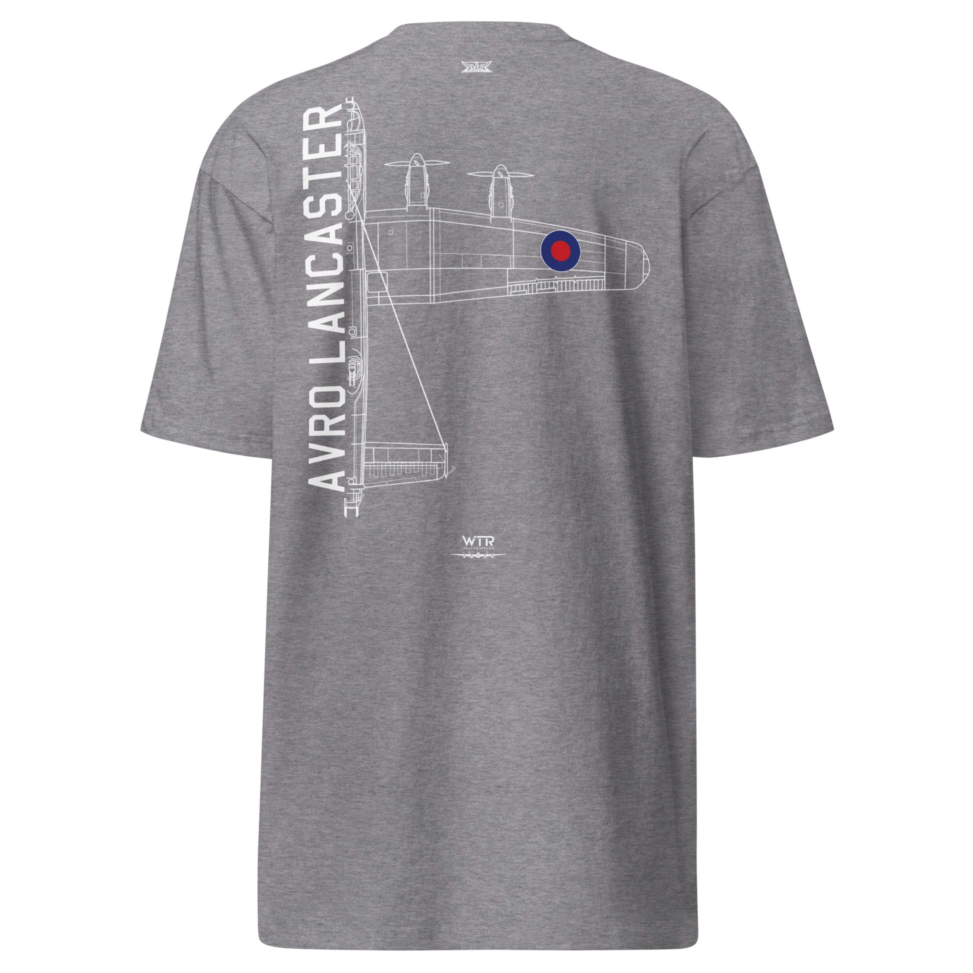 Hand-drawn technical schematic of the Avro Lancaster B Mk III WWII strategic bomber on a premium t-shirt.