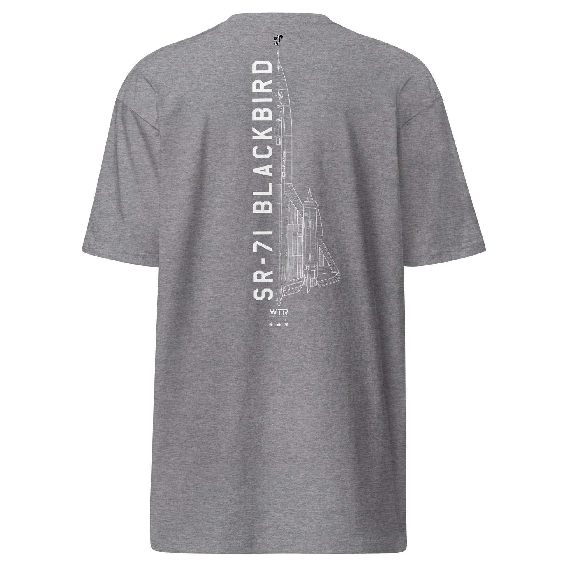 Hand-drawn technical schematic of the Lockheed Martin Skunk Works SR-71 Blackbird Habu on a premium t-shirt.