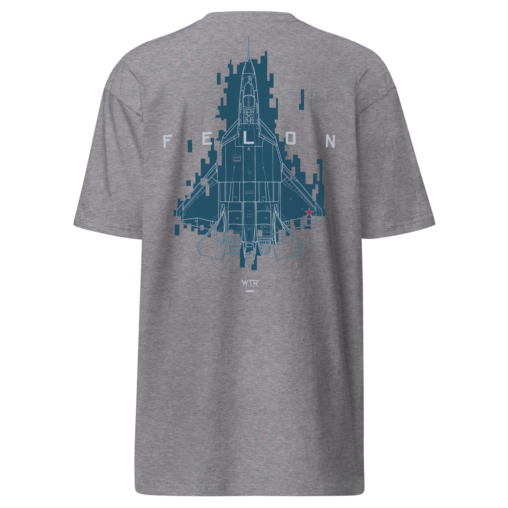 SUKHOI SU‑57 FELON - DIGITAL PIXEL 1 CAMOUFLAGE STUDY — hand-drawn DESIGN artwork printed on heavyweight T-shirt; camouflage study.