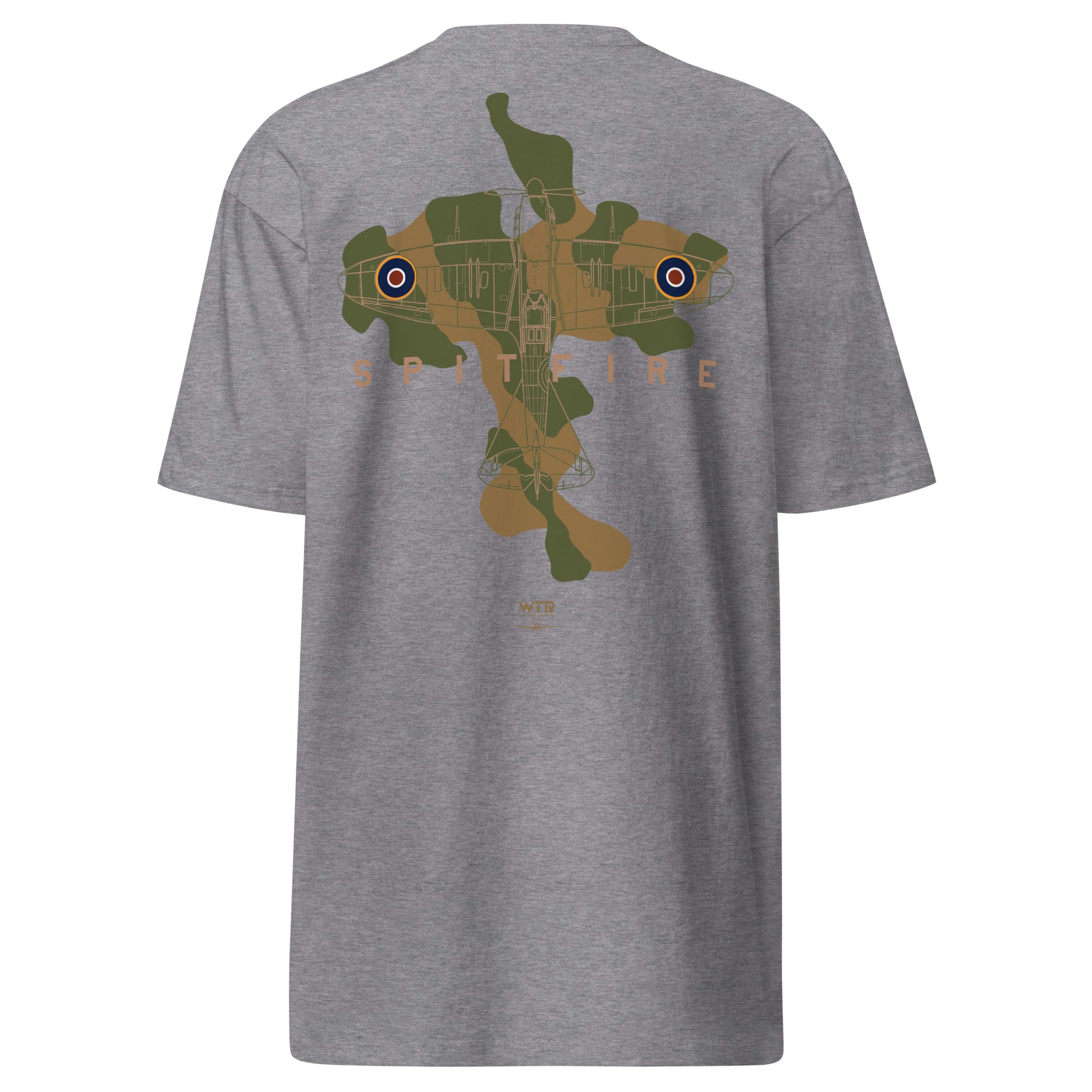 SUPERMARINE SPITFIRE Mk I - CAMOUFLAGE STUDY — hand-drawn WWII FIGHTER artwork printed on HEAVYWEIGHT T‑SHIRT; camouflage study.