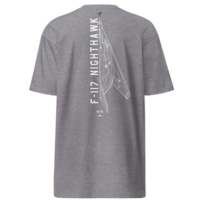 LOCKHEED MARTIN SKUNK WORKS F-117 NIGHTHAWK — hand-drawn ATTACK AIRCRAFT artwork printed on heavyweight T-shirt.