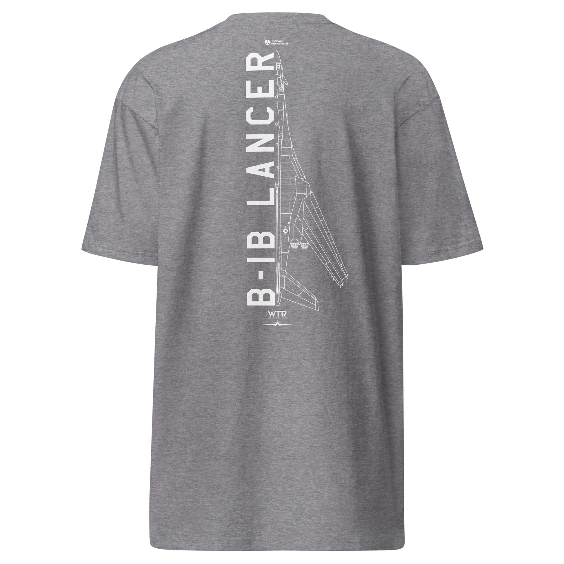 Hand-drawn technical schematic of the Rockwell B-1B Lancer BONE strategic bomber on a premium t-shirt.
