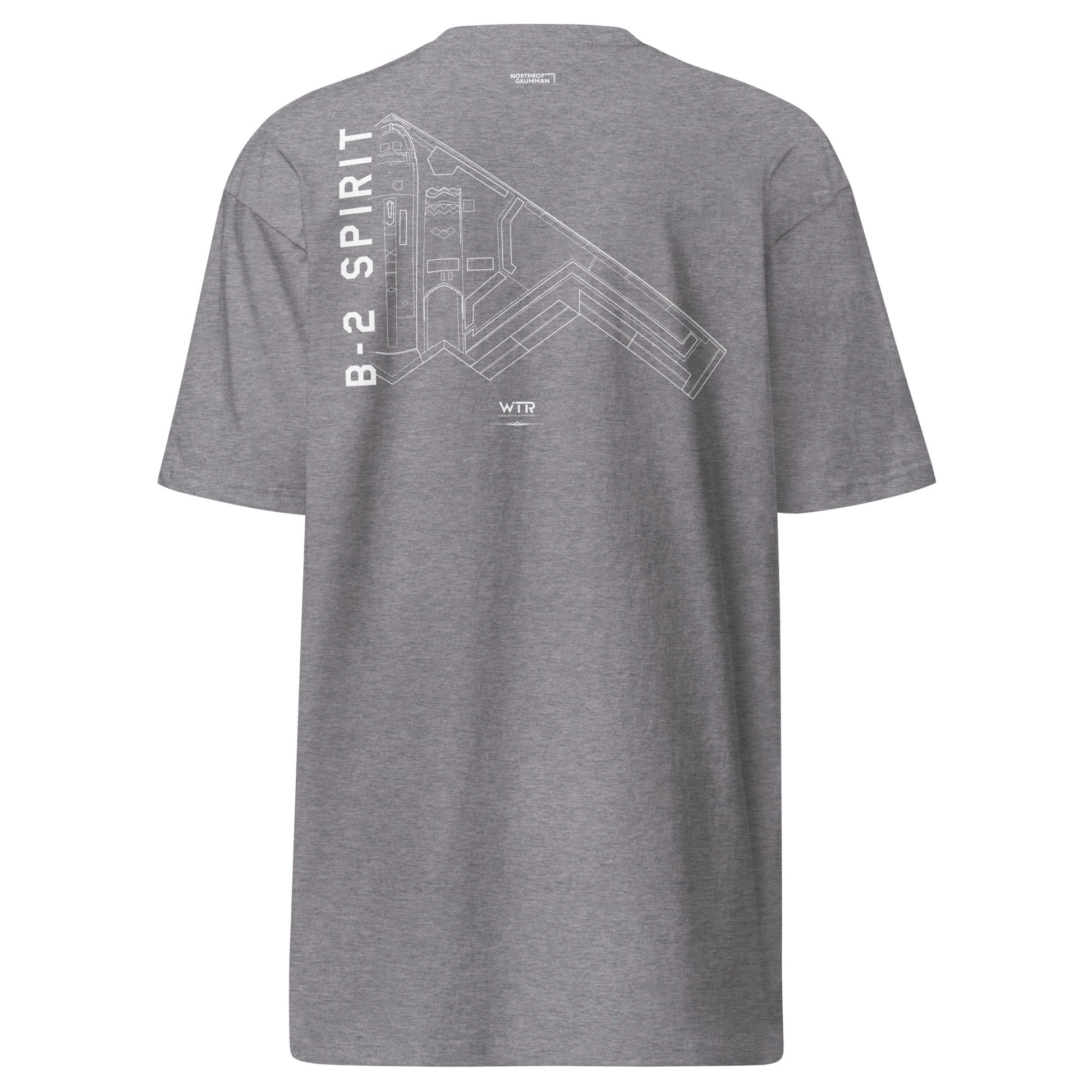 Hand-drawn technical schematic of the Northrop Grumman B-2 Spirit stealth bomber printed on a premium t-shirt.