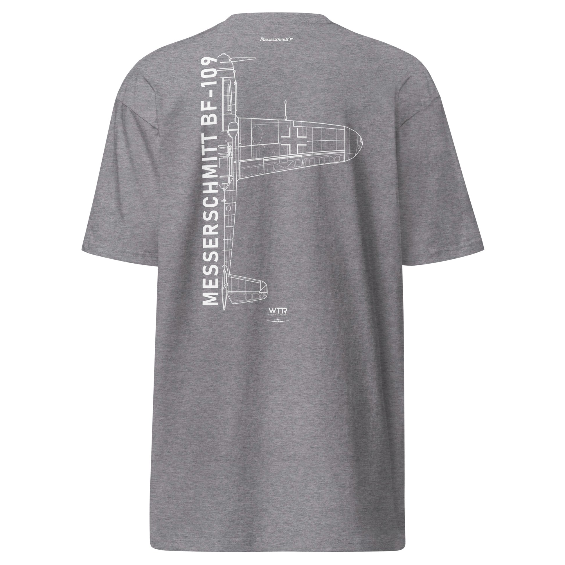 Hand-drawn technical schematic of the Messerschmitt BF-109 WWII Luftwaffe fighter printed on a premium t-shirt.