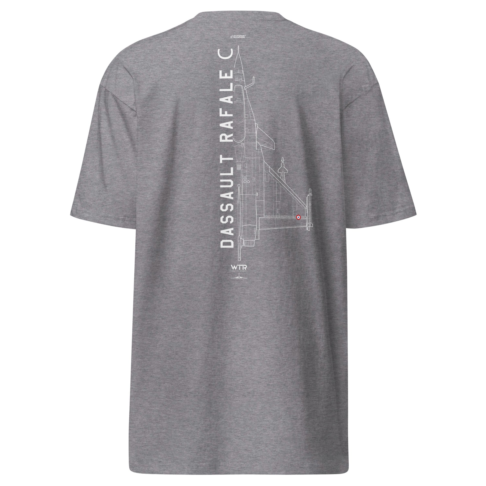 Hand-drawn technical schematic of the Dassault Rafale C French Air Force air supremacy fighter on a premium t-shirt.