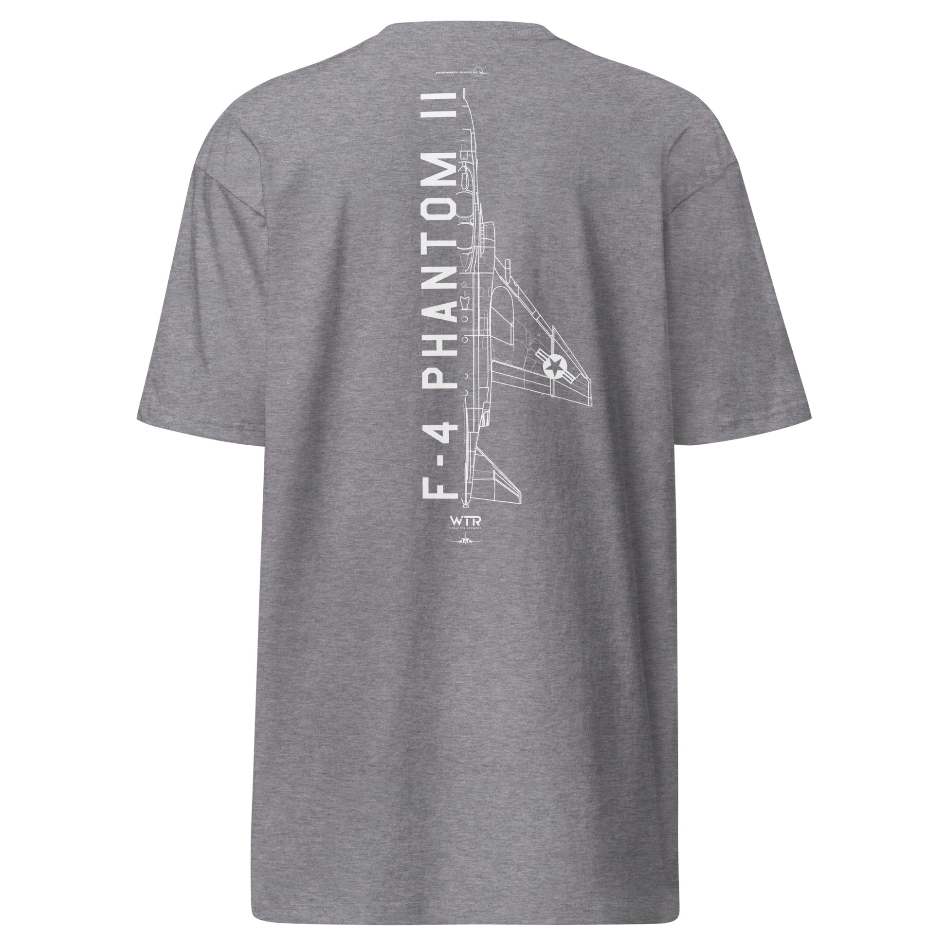 Hand-drawn technical schematic of the McDonnell Douglas F-4 Phantom II carrier-based interceptor on a premium t-shirt.