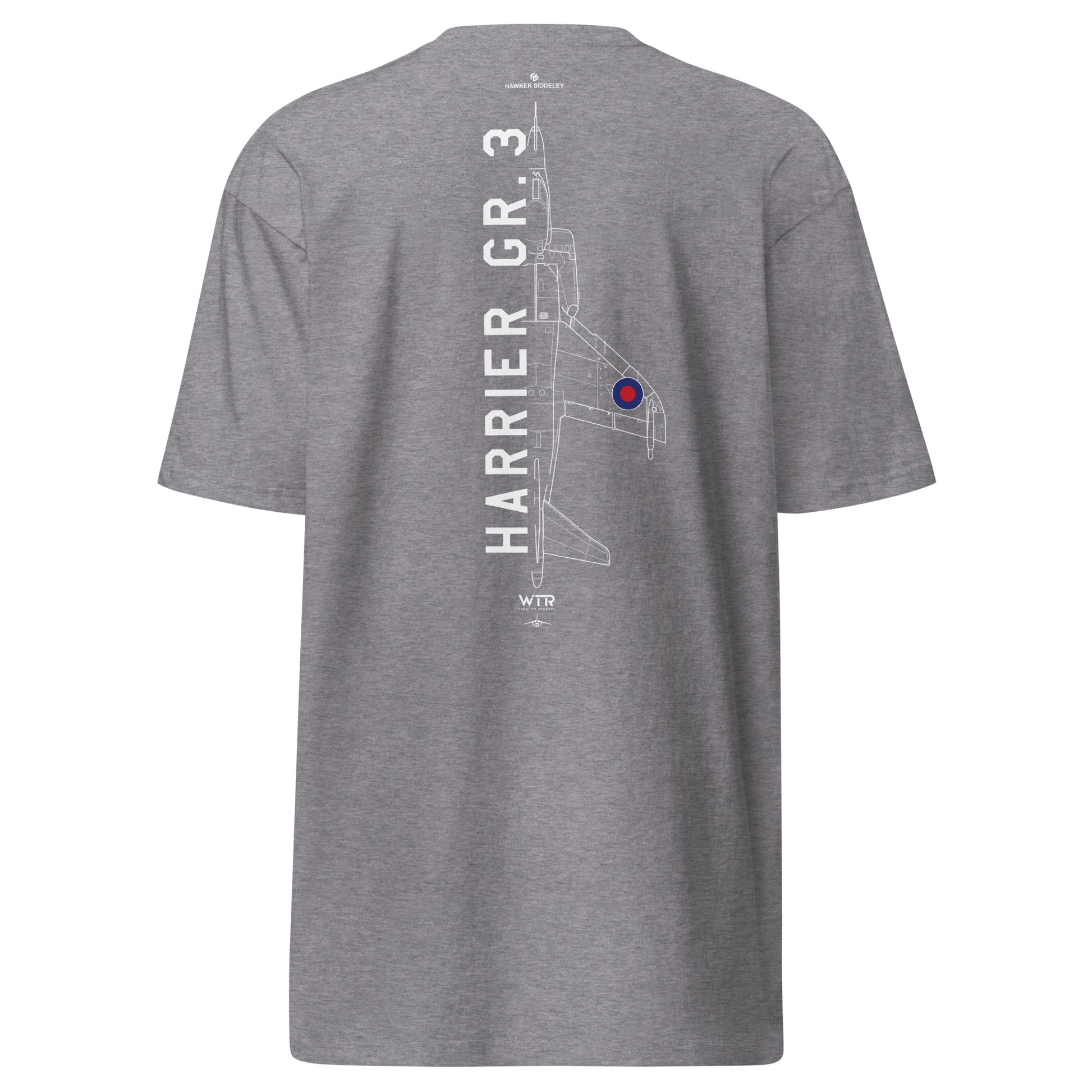 Hand-drawn technical schematic of the Hawker Harrier GR.3 RAF VTOL vertical takeoff jet on a premium t-shirt.