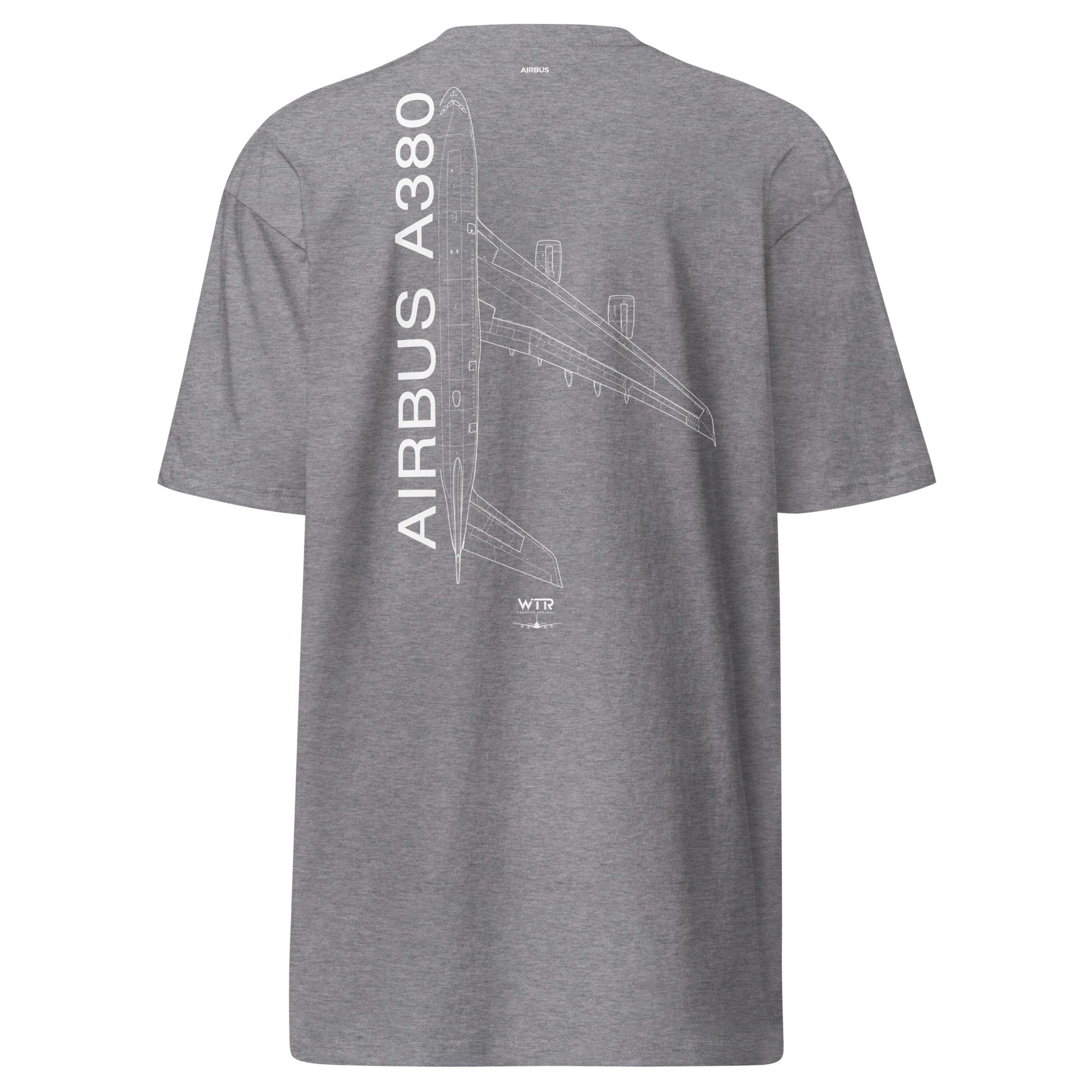 Hand-drawn technical schematic of the Airbus A380 SuperJumbo passenger airliner printed on a premium t-shirt.