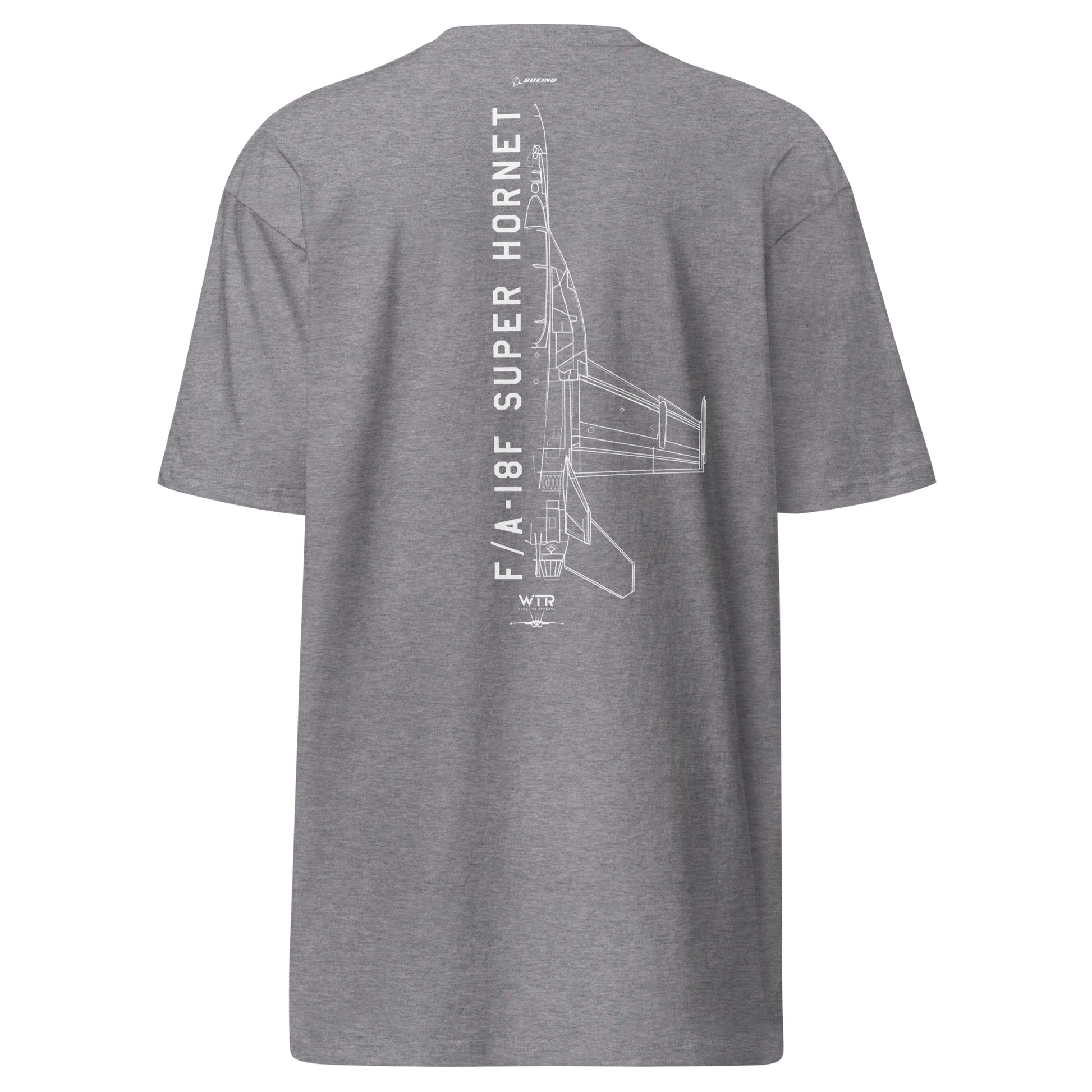Hand-drawn technical schematic of the Boeing F/A-18F Super Hornet naval fighter printed on a premium t-shirt.
