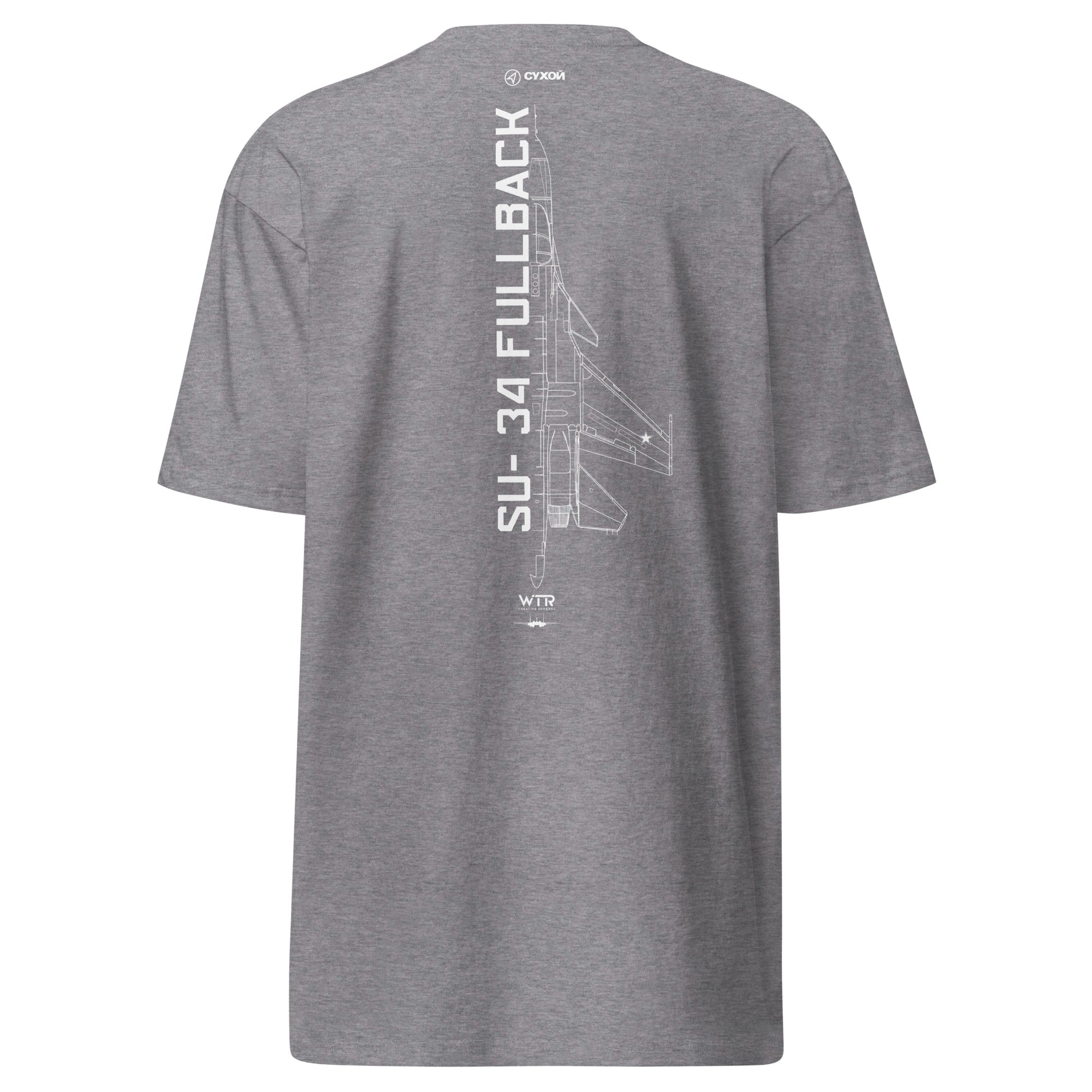 Hand-drawn technical schematic of the Sukhoi SU-34 Fullback fighter-bomber printed on a premium t-shirt.