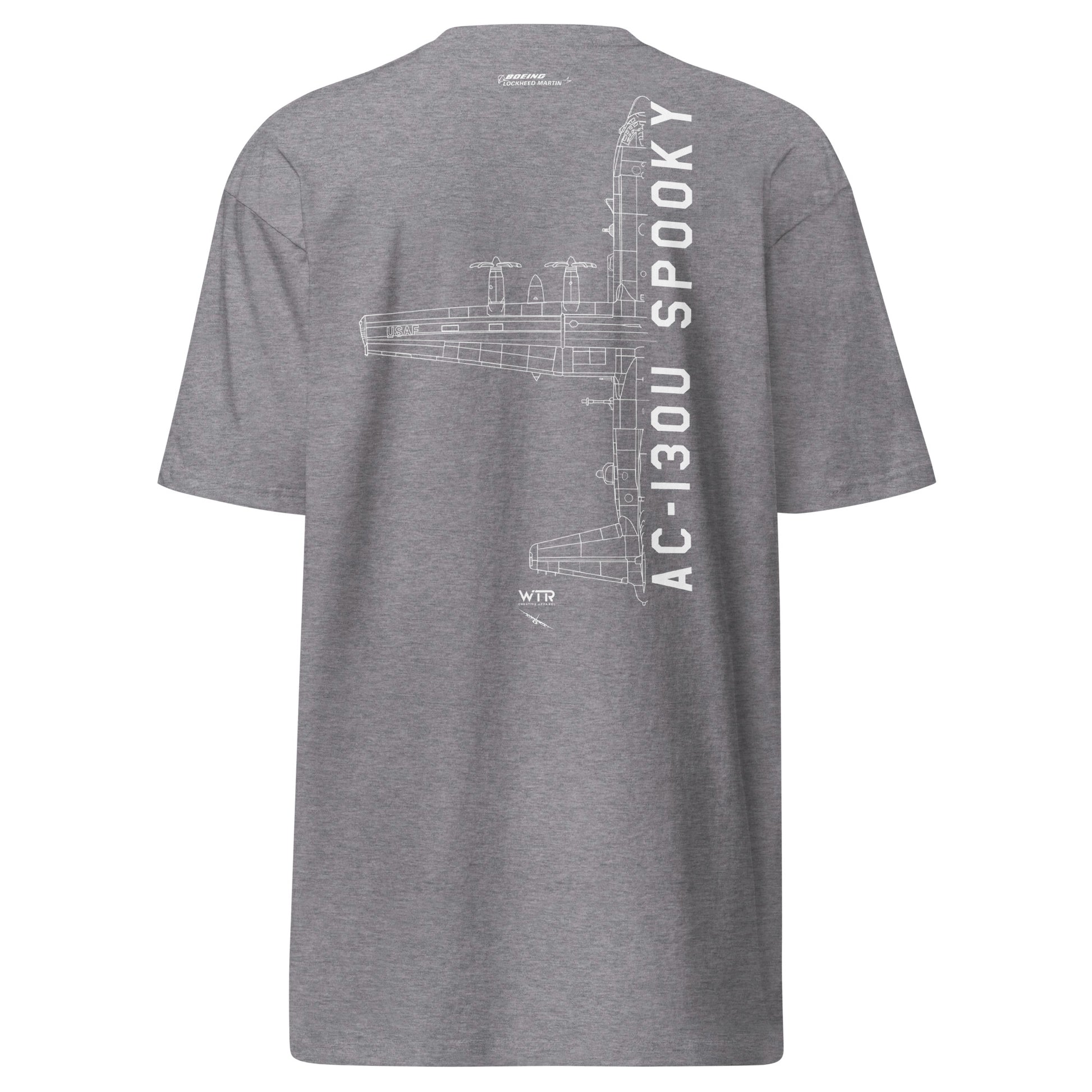 Hand-drawn technical schematic of the Lockheed Martin AC-130U Spooky gunship printed on a premium t-shirt.
