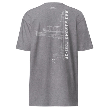 LOCKHEED MARTIN AC-130J GHOSTRIDER GUNSHIP — hand-drawn artwork printed on heavyweight T-shirt.