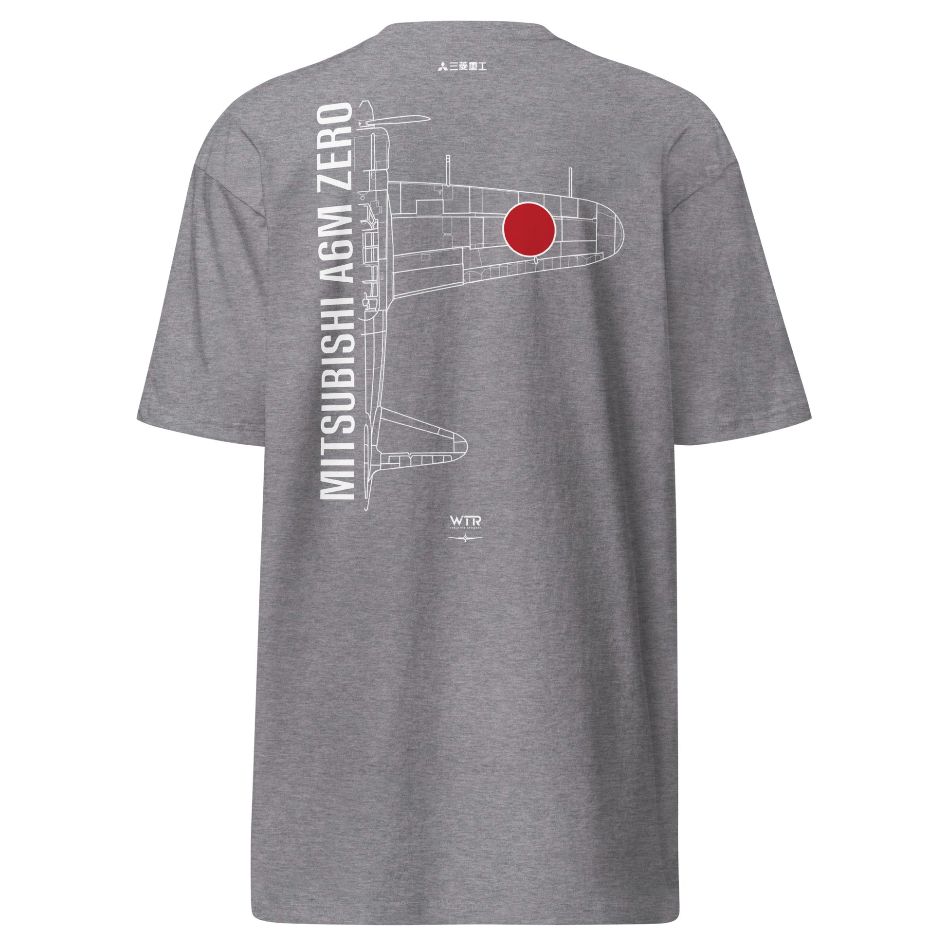 Hand-drawn technical schematic of the Mitsubishi A6M Zero Imperial Japanese Navy WWII fighter on a premium t-shirt.