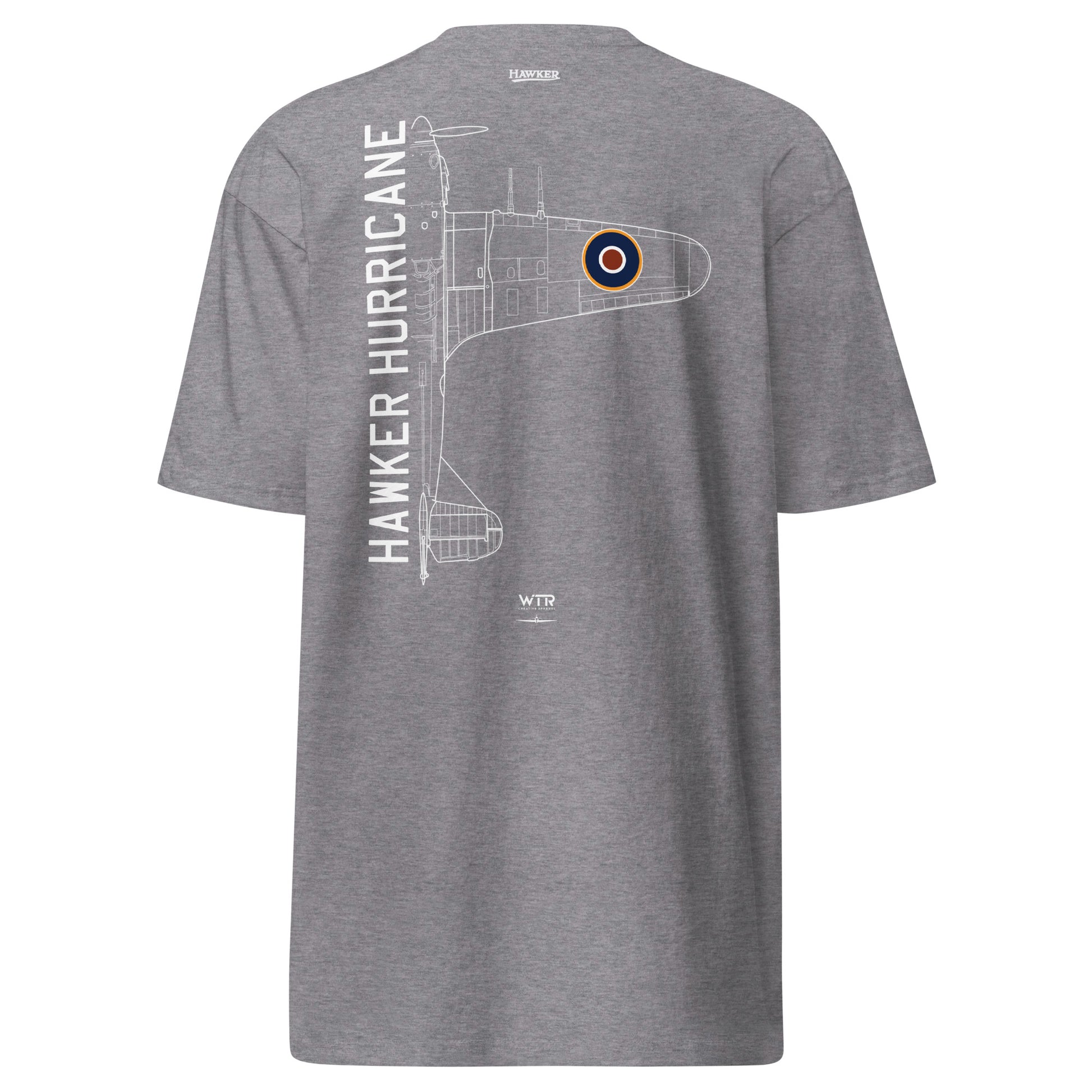 Hand-drawn technical schematic of the Hawker Hurricane WWII RAF Battle of Britain fighter on a premium t-shirt.