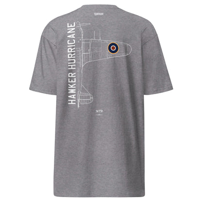 HAWKER HURRICANE - BATTLE OF BRITAIN — hand-drawn WWII FIGHTER artwork printed on heavyweight T-shirt.