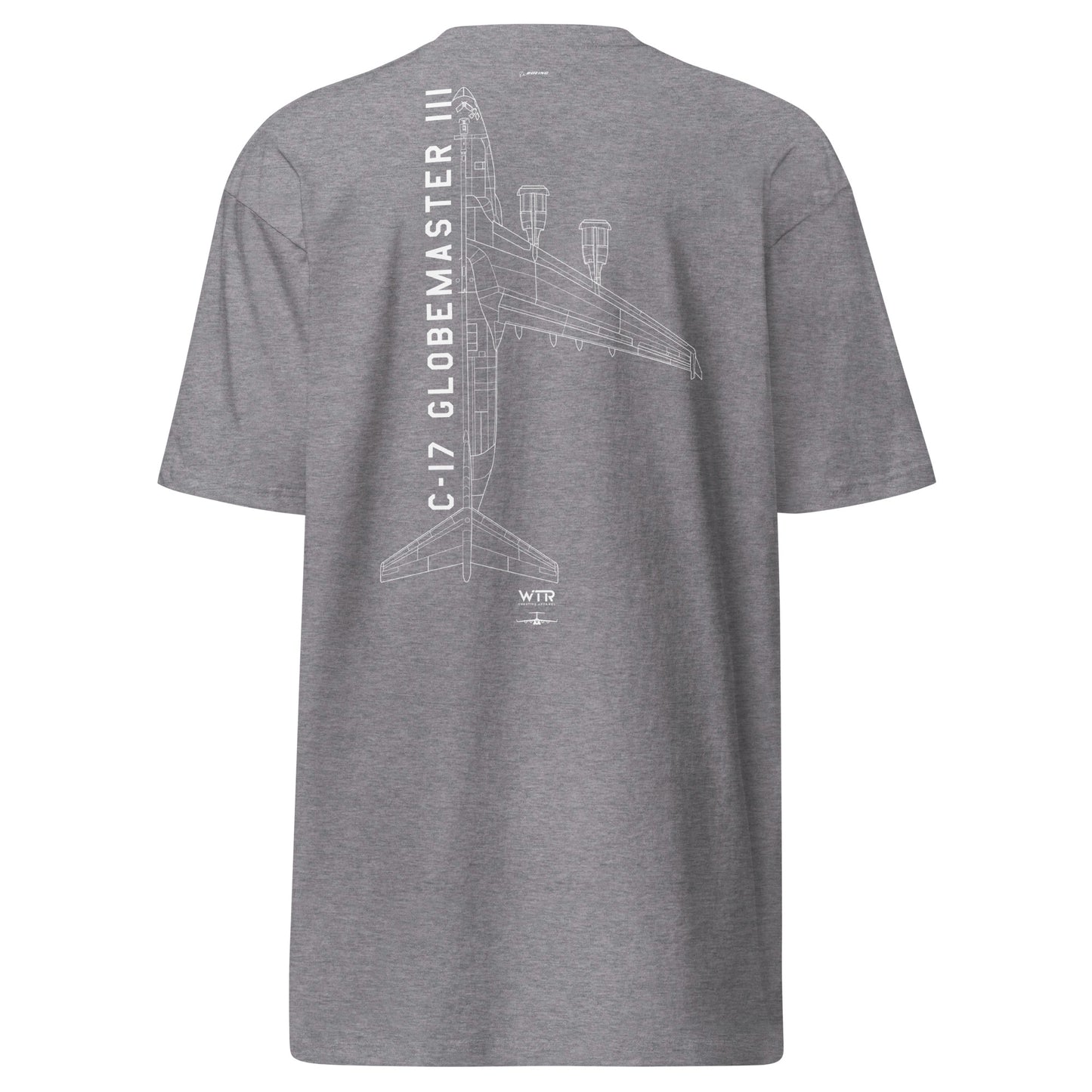 BOEING C-17 GLOBEMASTER III — hand-drawn military transport artwork printed on heavyweight T-shirt.