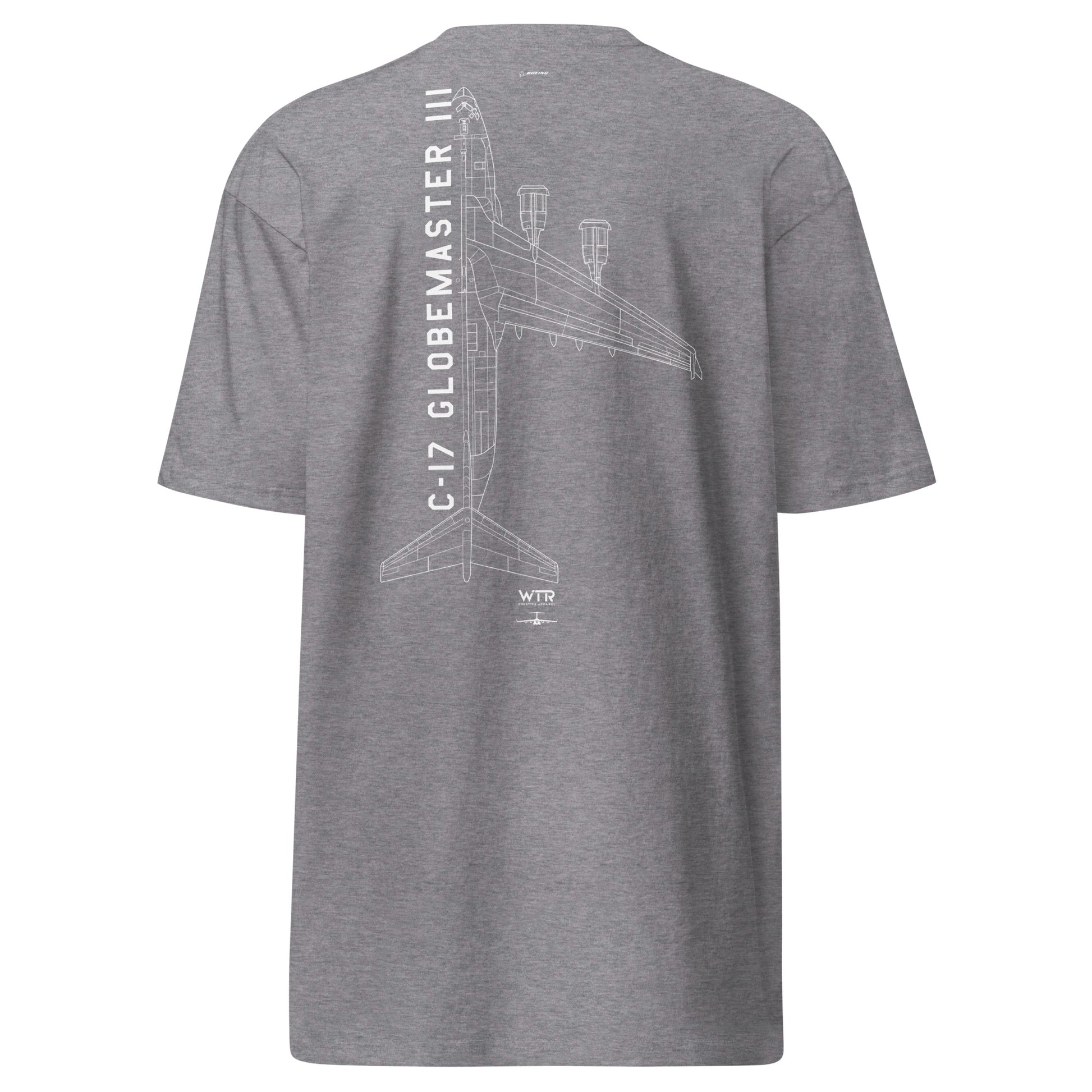Hand-drawn technical schematic of the Boeing C-17 Globemaster III military transport aircraft on a premium t-shirt.