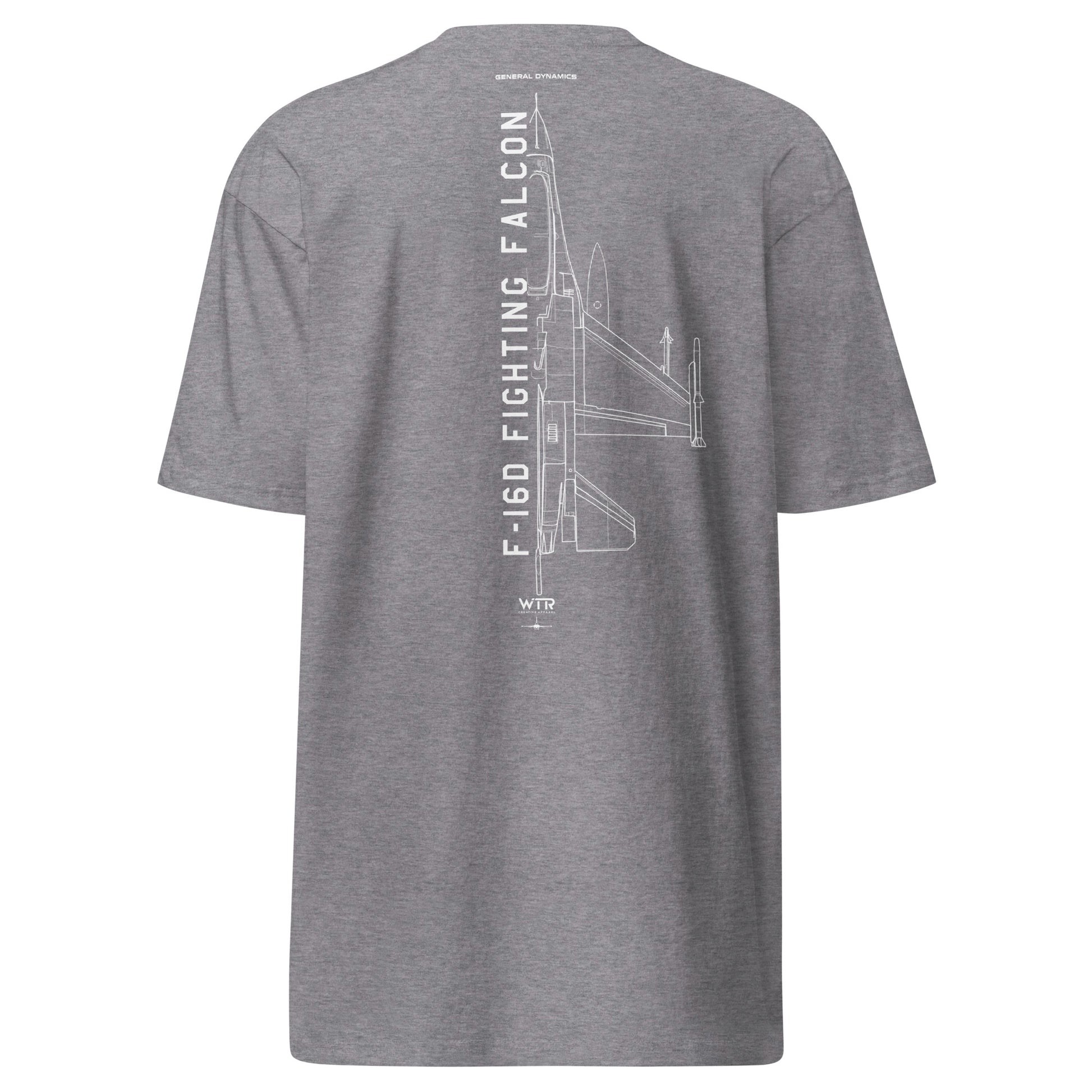 Hand-drawn technical schematic of the General Dynamics F-16D Fighting Falcon Block 52 on a premium t-shirt.