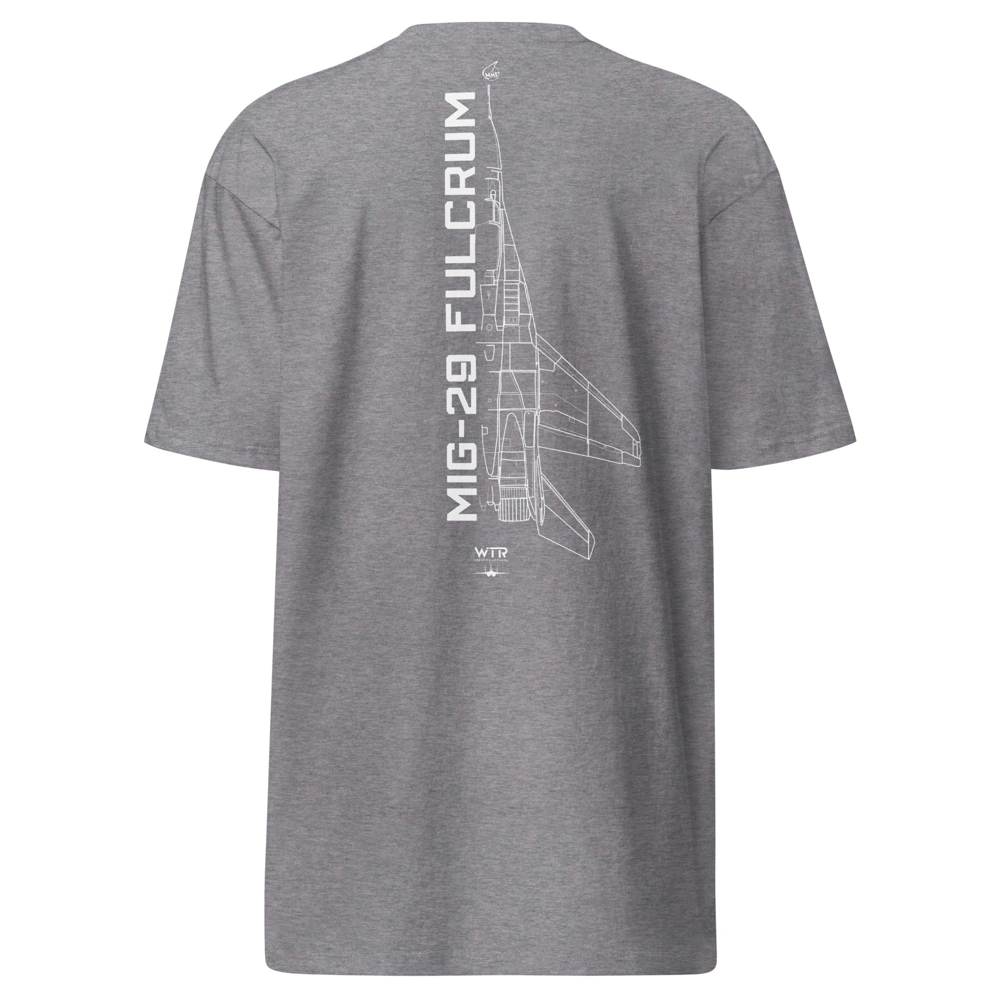 Hand-drawn technical schematic of the Mikoyan MiG-29 Fulcrum air superiority fighter on a premium t-shirt.