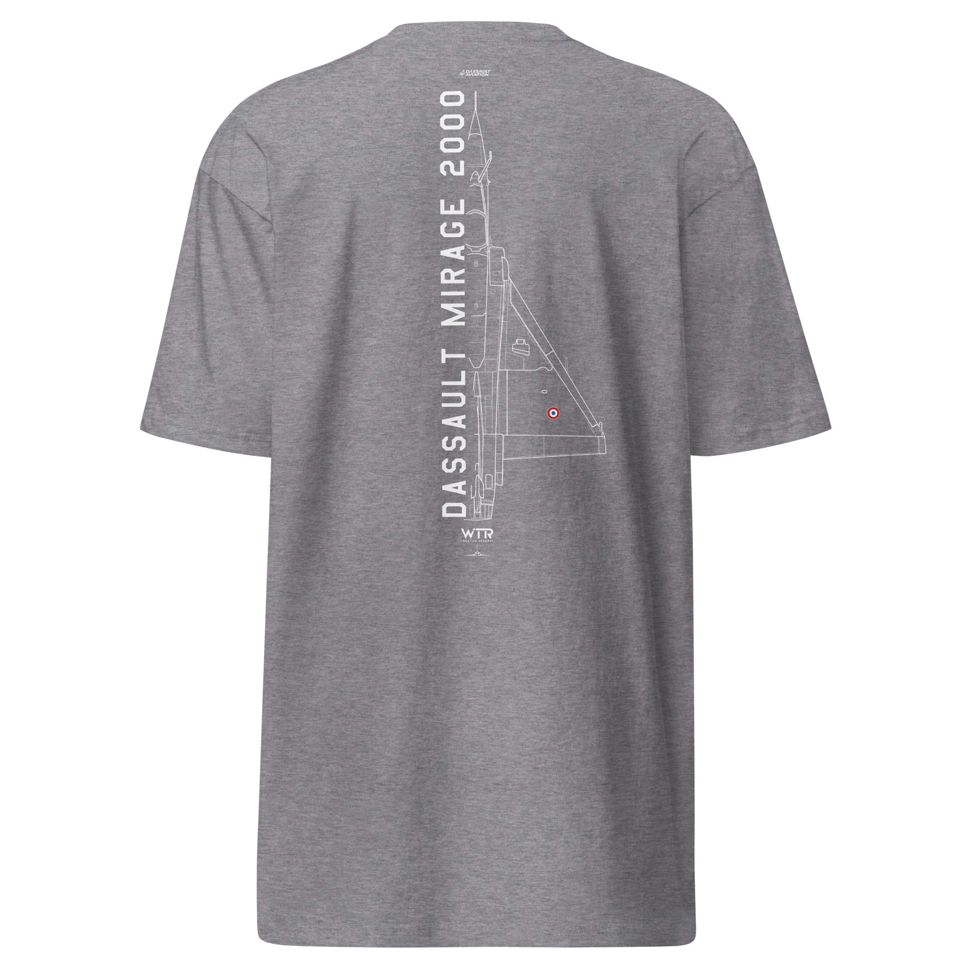 Hand-drawn technical schematic of the Dassault Mirage 2000 delta-wing fighter printed on a premium t-shirt.