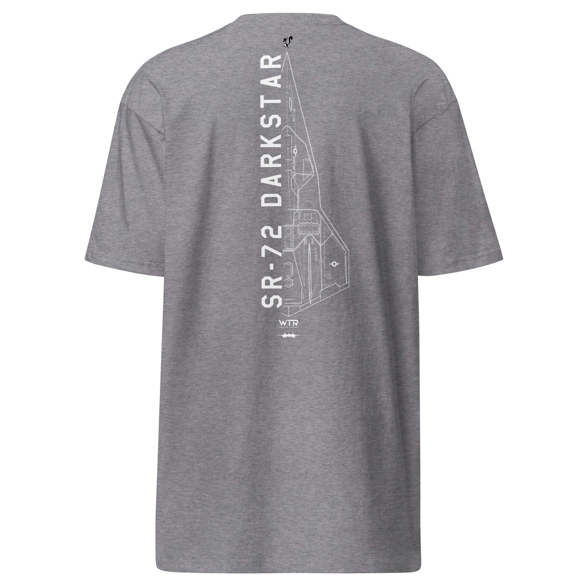 Hand-drawn technical schematic of the Lockheed Martin Skunk Works SR-72 Darkstar hypersonic jet on a premium t-shirt.