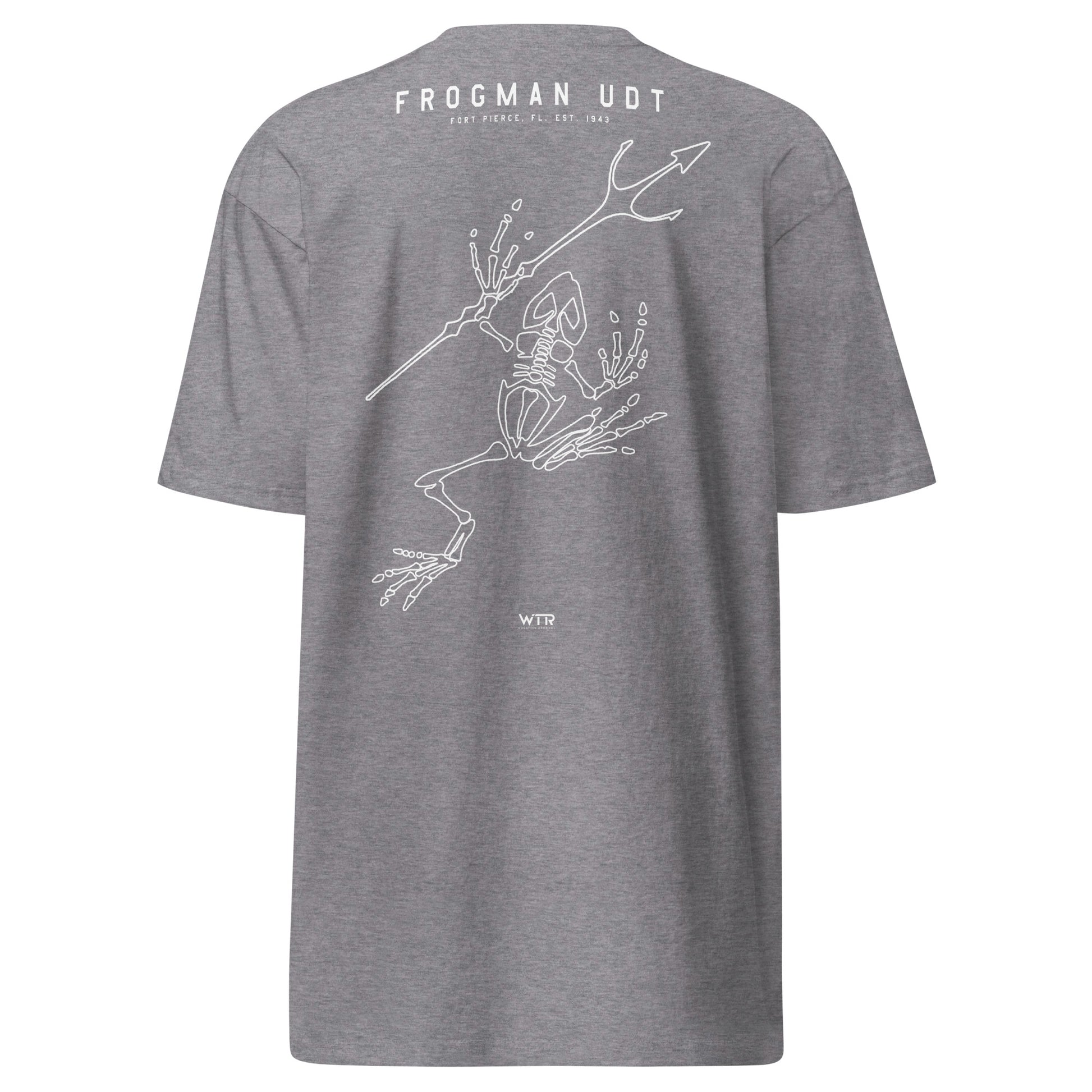 Hand-drawn artistic design of a US Navy Underwater Demolition Team UDT Frogman on a premium t-shirt.