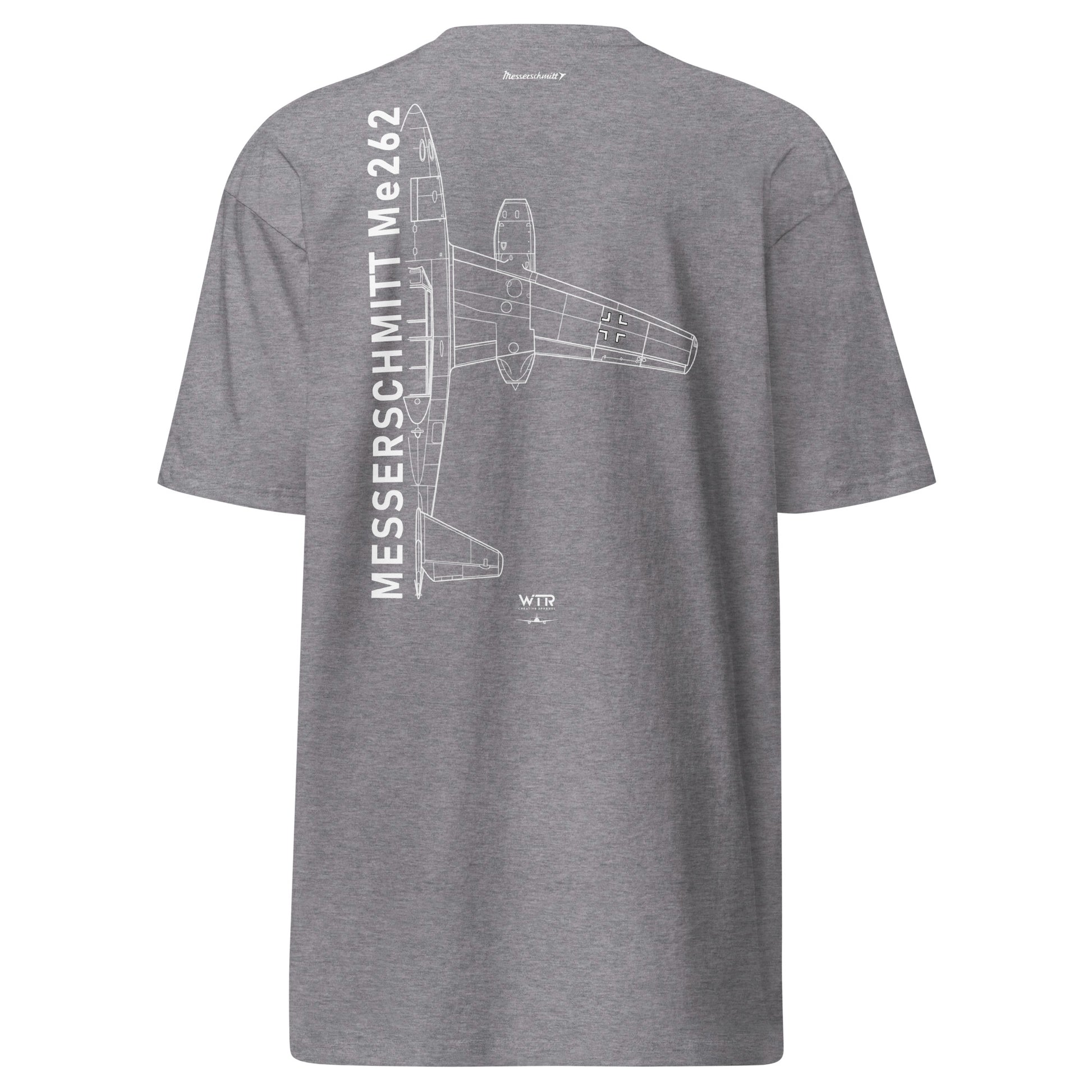 Hand-drawn technical schematic of the Messerschmitt Me-262 WWII jet fighter printed on a premium t-shirt.