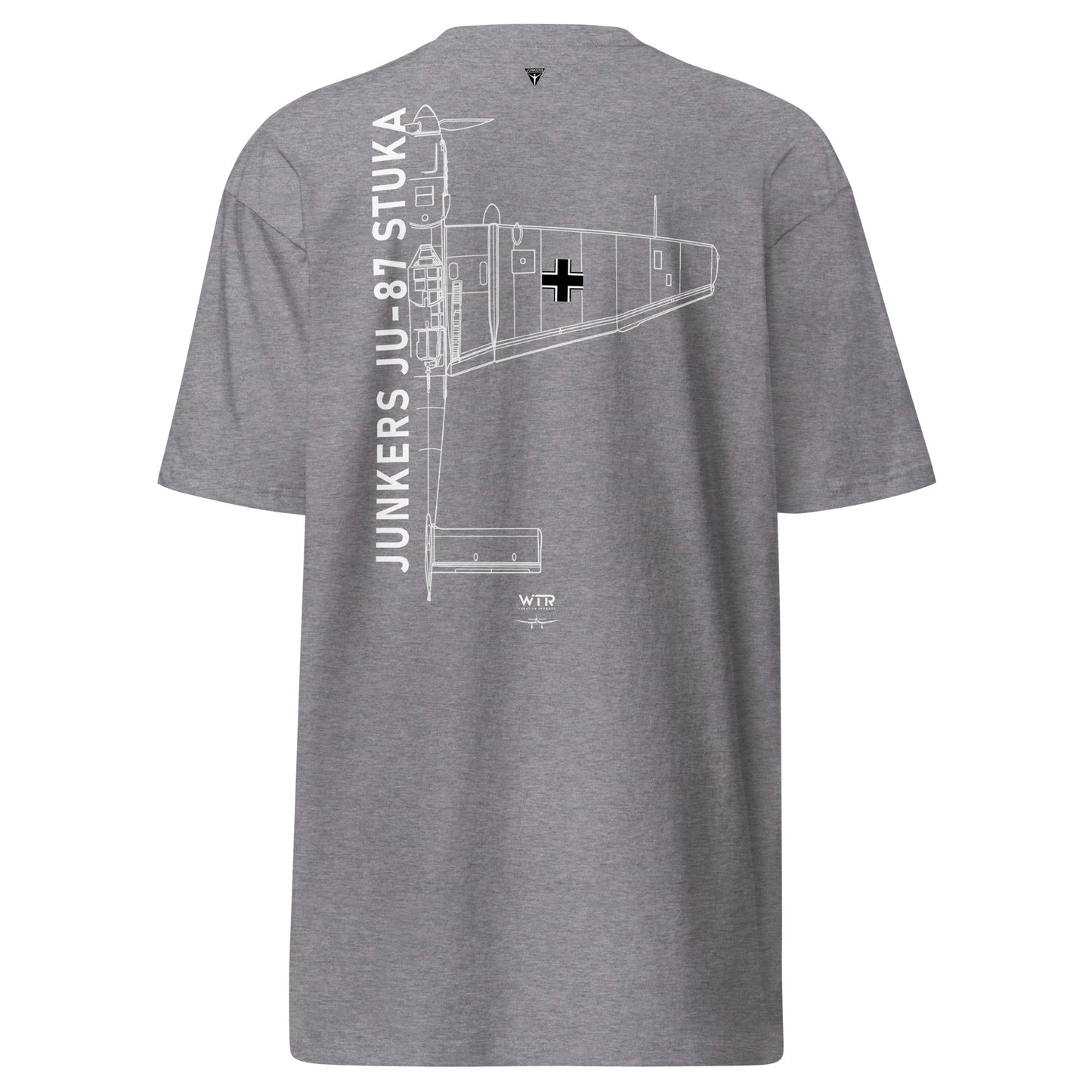 Hand-drawn schematic of the JUNKERS JU-87 STUKA DIVE BOMBER printed on a heavyweight T-shirt.