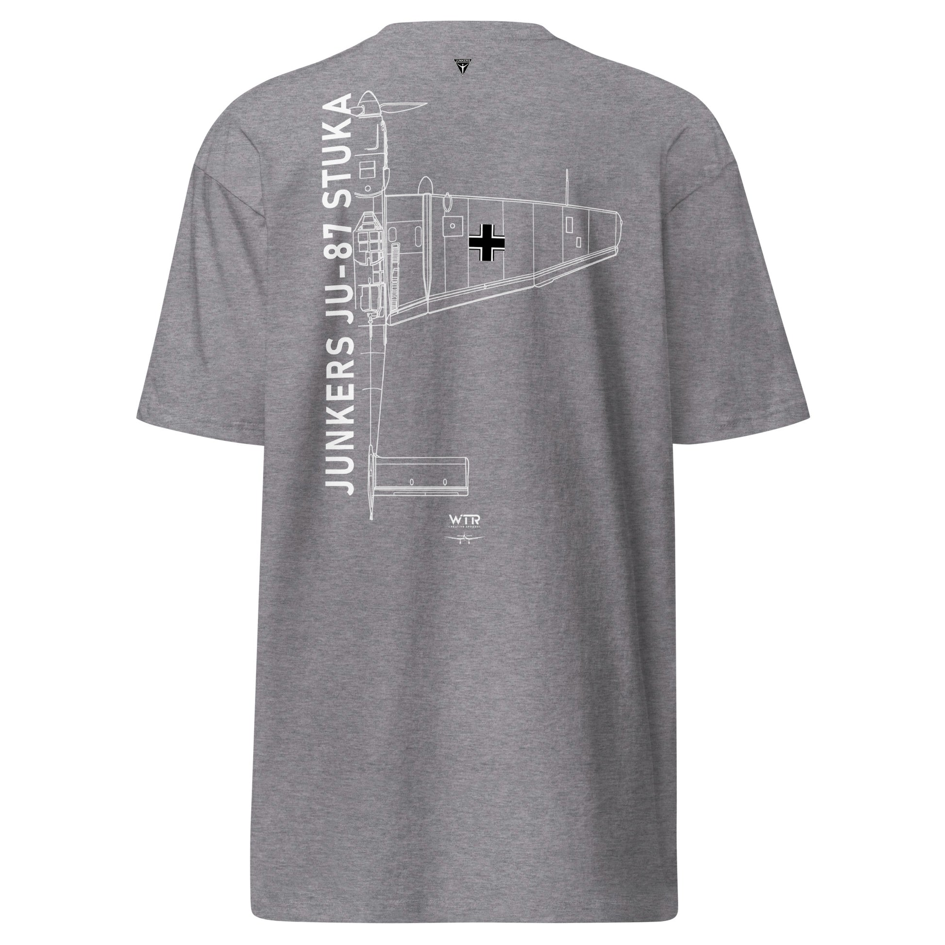 Hand-drawn technical schematic of the Junkers Ju-87 Stuka WWII dive bomber printed on a premium t-shirt.