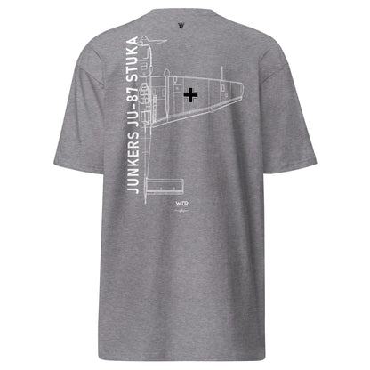 Hand-drawn schematic of the JUNKERS JU-87 STUKA DIVE BOMBER printed on a heavyweight T-shirt.