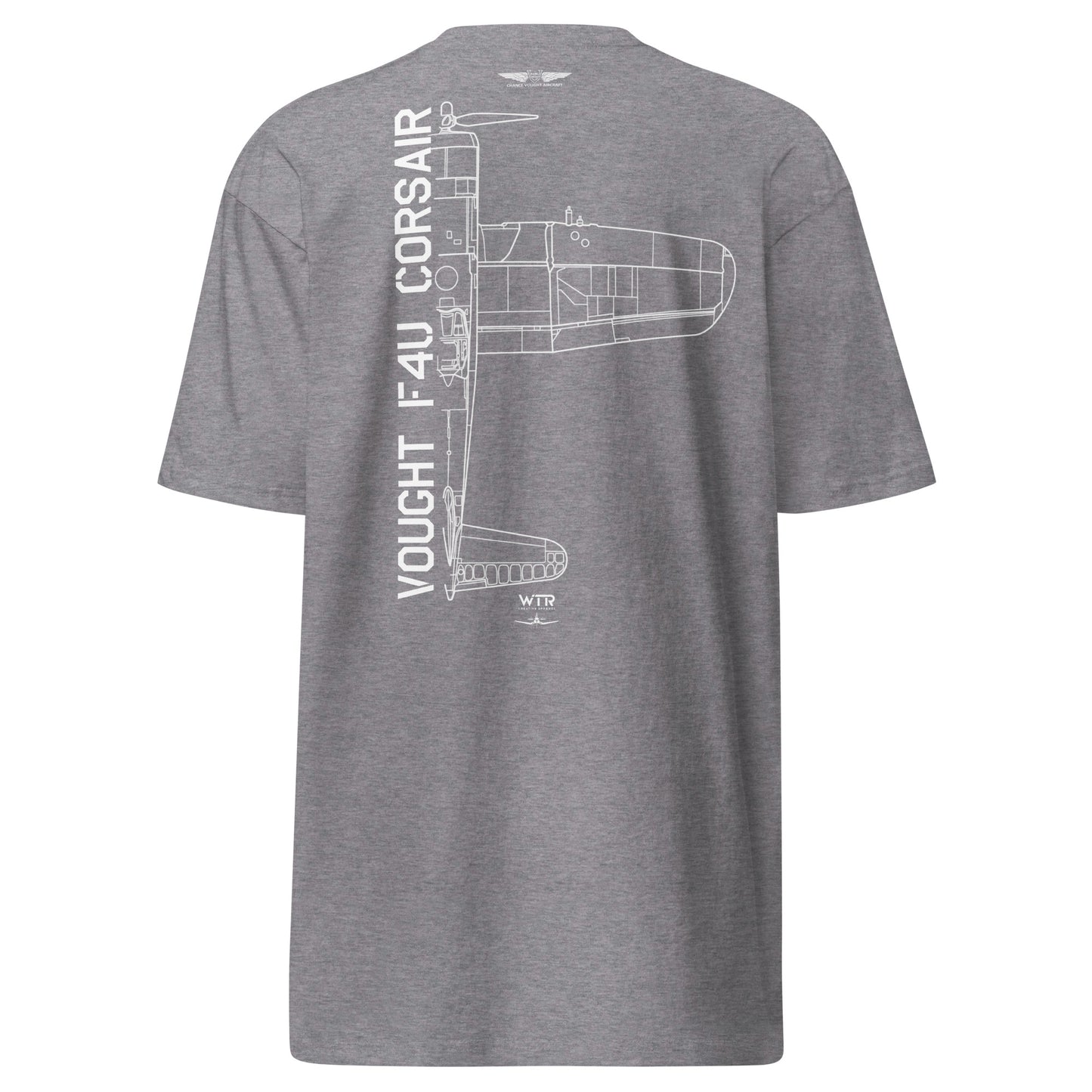 VOUGHT F4U CORSAIR - US NAVY WWII PACIFIC THEATRE FIGHTER — hand-drawn artwork printed on heavyweight T-shirt; US Navy, Pacific Theatre.