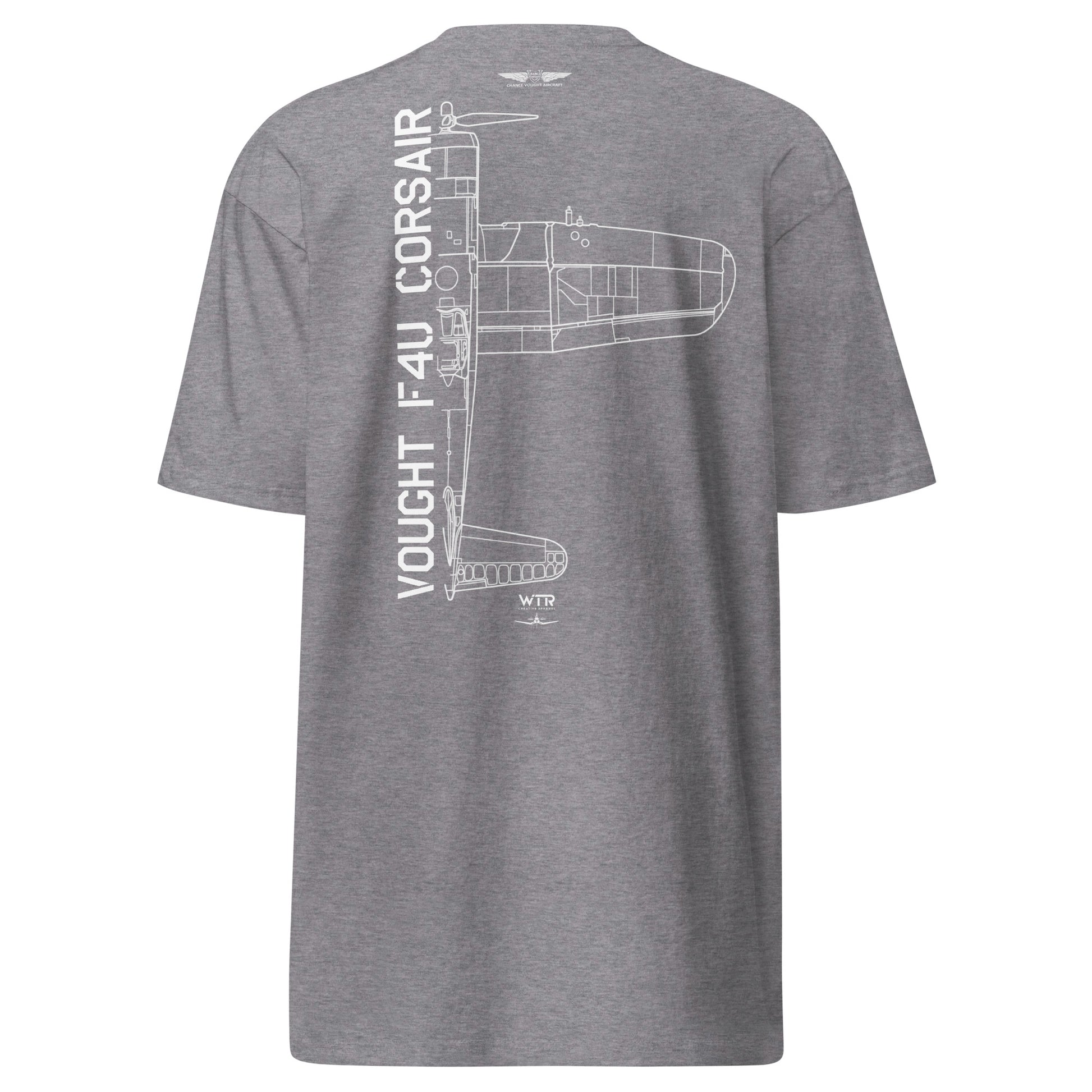 Hand-drawn technical schematic of the Vought F4U Corsair US Navy WWII Pacific fighter on a premium t-shirt.