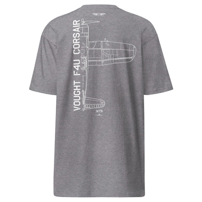 VOUGHT F4U CORSAIR - US NAVY WWII PACIFIC THEATRE FIGHTER — hand-drawn artwork printed on heavyweight T-shirt; US Navy, Pacific Theatre.