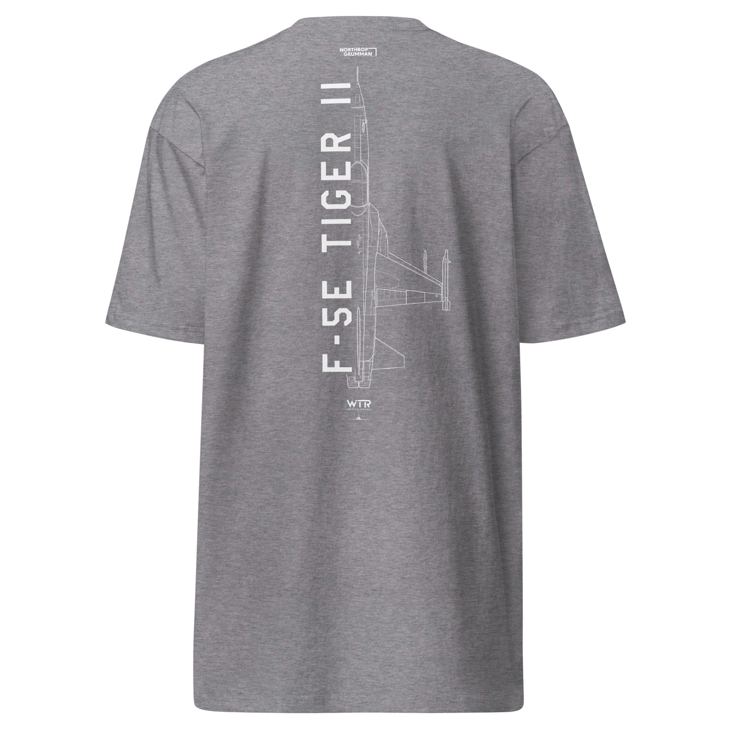 Hand-drawn technical schematic of the Northrop F-5E Tiger II Cold War fighter jet printed on a premium t-shirt.