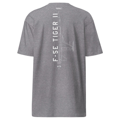 Hand-drawn technical schematic of the Northrop F-5E Tiger II Cold War fighter jet printed on a premium t-shirt.