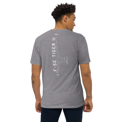 Hand-drawn technical schematic of the Northrop F-5E Tiger II Cold War fighter jet printed on a premium t-shirt.