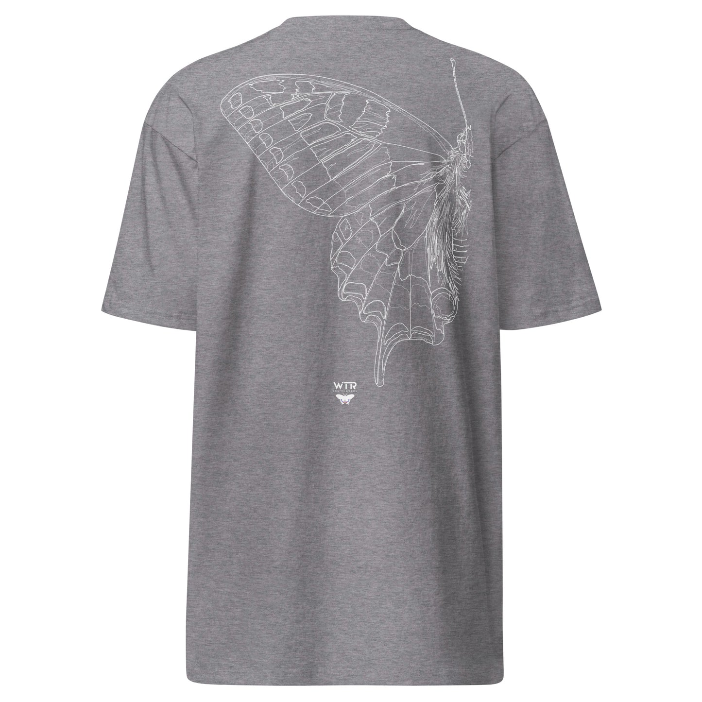 Hand-drawn schematic of the PAPILIO MACHAON OLD WORLD SWALLOWTAIL BUTTERFLY printed on a heavyweight T-shirt.