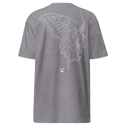 Hand-drawn schematic of the PAPILIO MACHAON OLD WORLD SWALLOWTAIL BUTTERFLY printed on a heavyweight T-shirt.