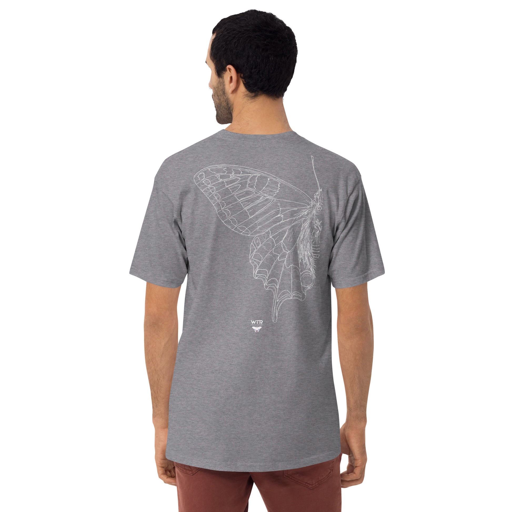 Hand-drawn schematic of the PAPILIO MACHAON OLD WORLD SWALLOWTAIL BUTTERFLY printed on a heavyweight T-shirt.