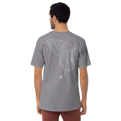 Hand-drawn schematic of the PAPILIO MACHAON OLD WORLD SWALLOWTAIL BUTTERFLY printed on a heavyweight T-shirt.